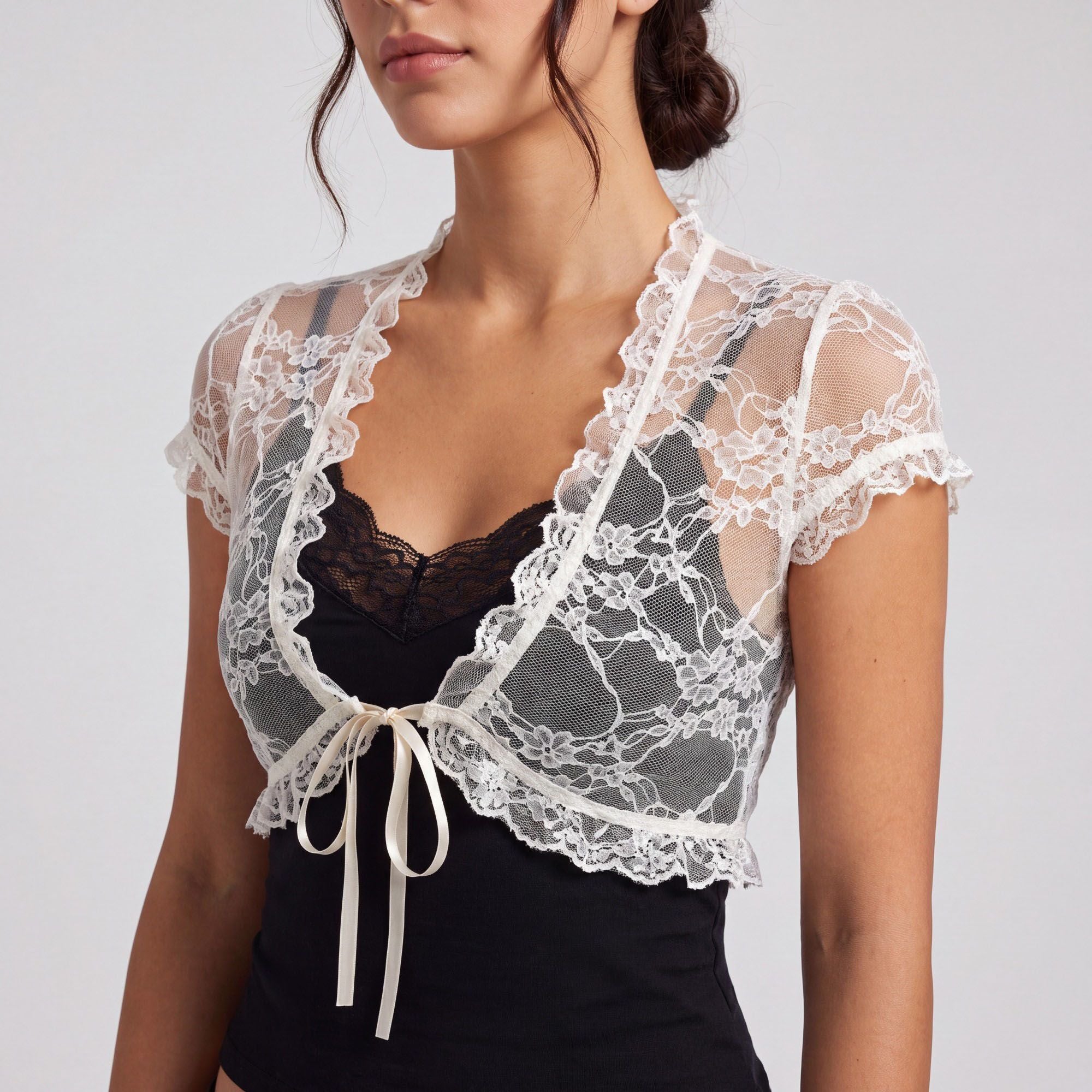 2-Piece Set Sheer Floral Lace Tie-Front Cropped Bolero Shrug and V-Neck Camisole Top