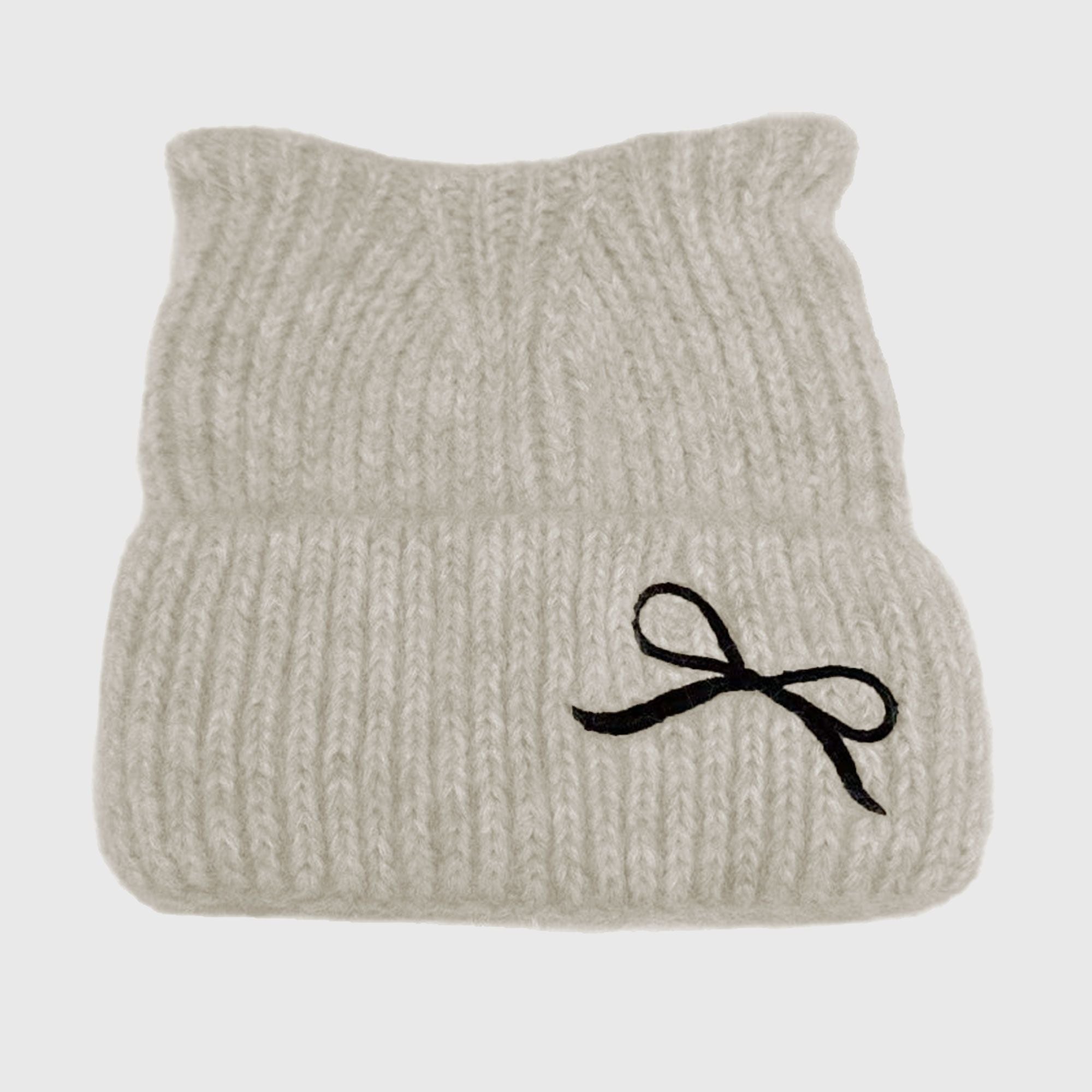 Anna-Kaci Women's Cat Ear Knit Beanie - Fluffy Faux Fur Hat with Bow Embroidery