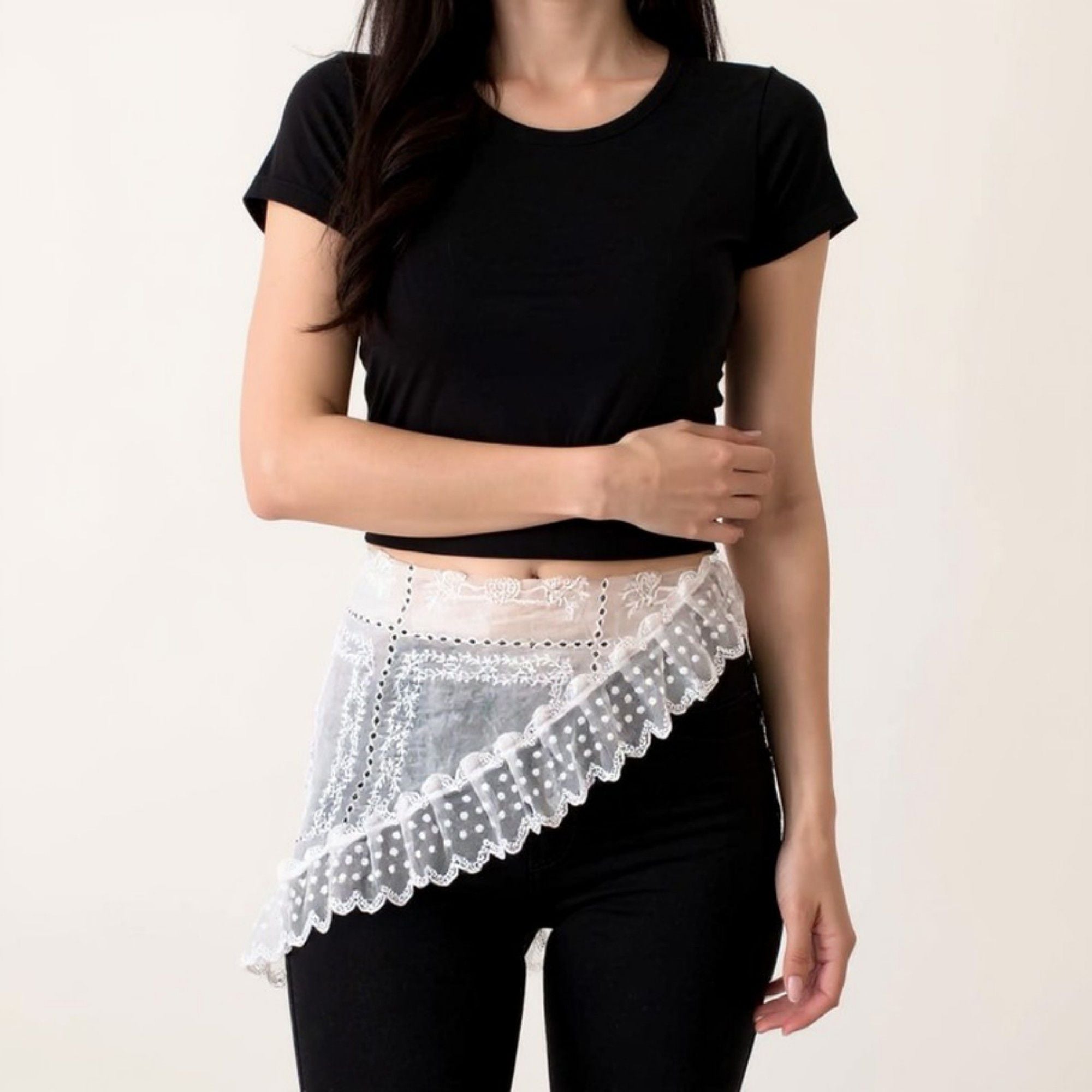 Anna-Kaci Women's Sheer Lace Embroidered Waist Belt with Scalloped Edge and Tie Detail 59in