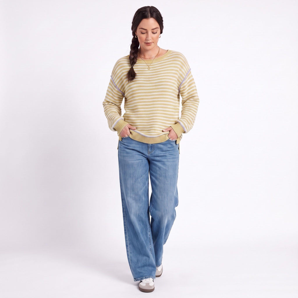 Striped Contrast Trim Drop Shoulder Long Sleeve Knit Sweater