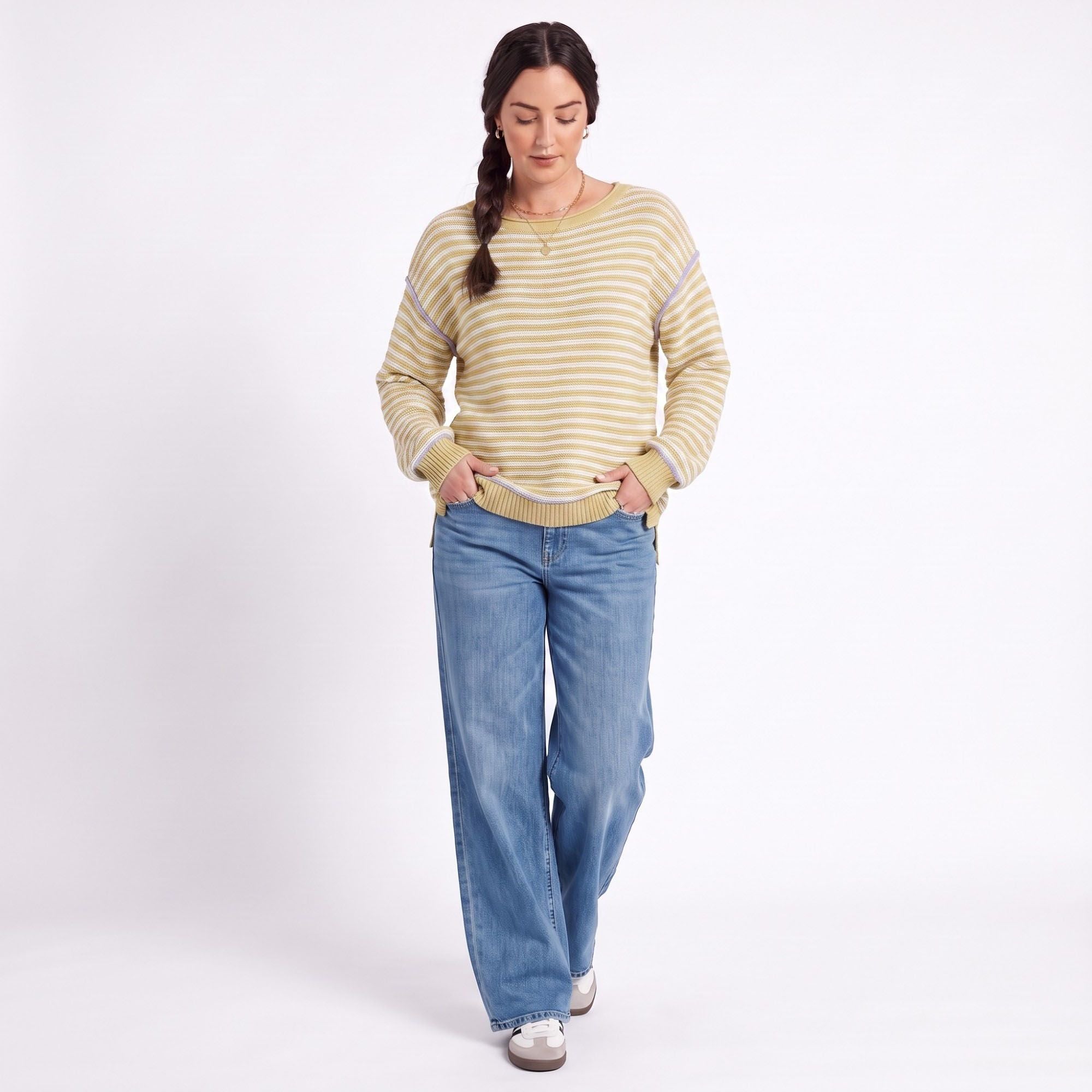 Striped Contrast Trim Drop Shoulder Long Sleeve Knit Sweater