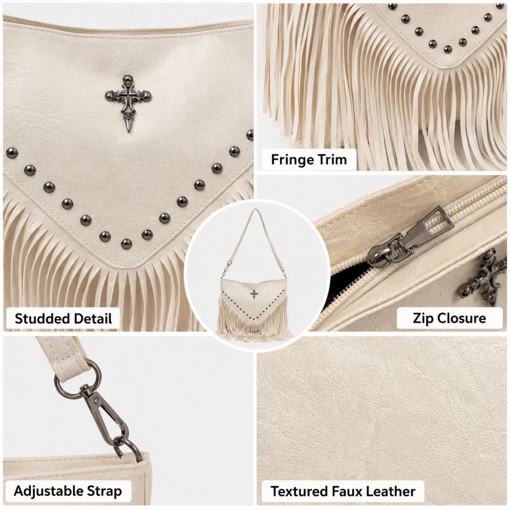 Studded Fringe Shoulder Bag with Adjustable Strap and Zip Closure