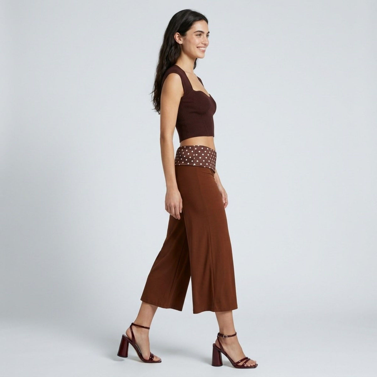 Polka Dot Contrast Waistband Cropped Wide-Leg Trousers