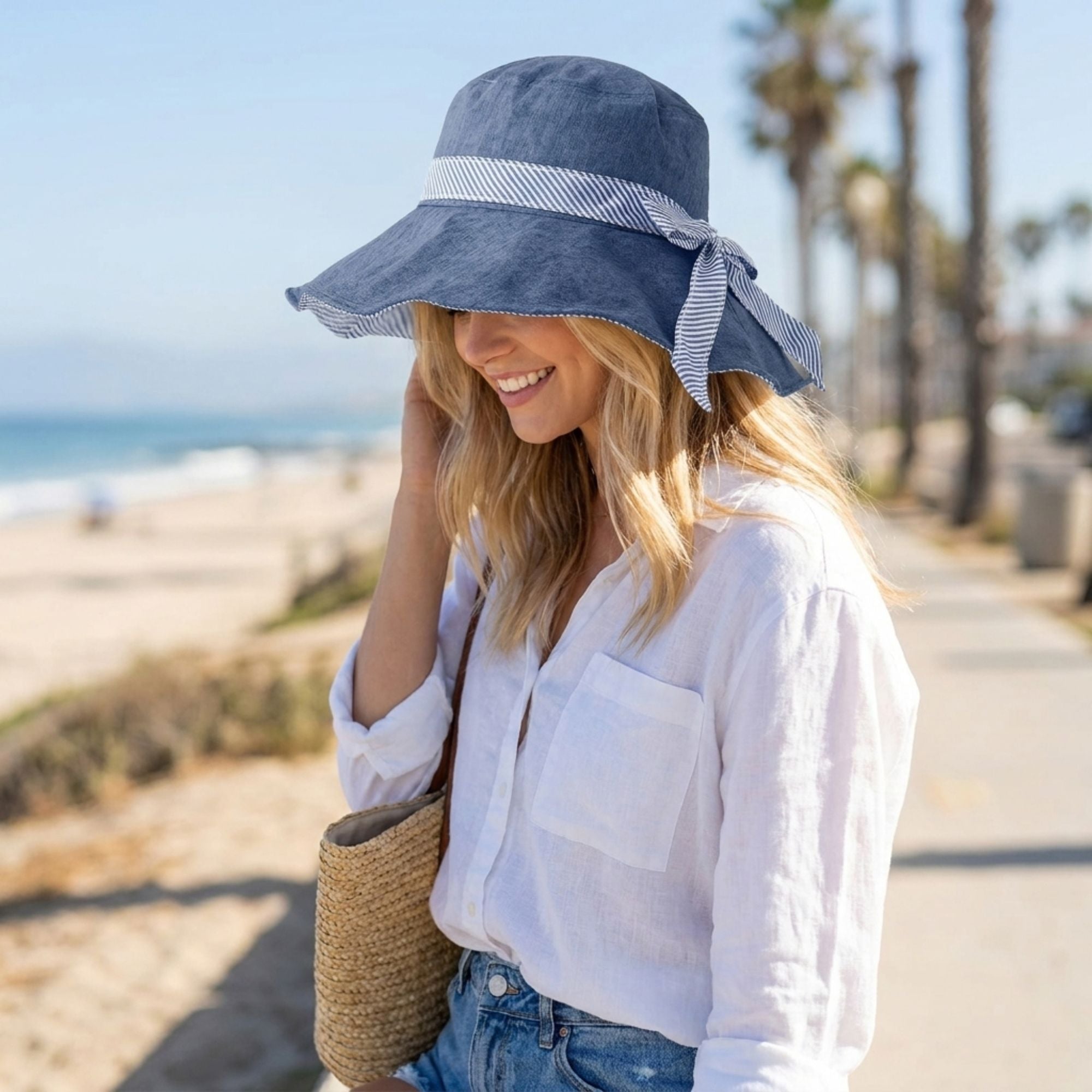 Foldable Wide Brim Sun Hat with Bow Tie