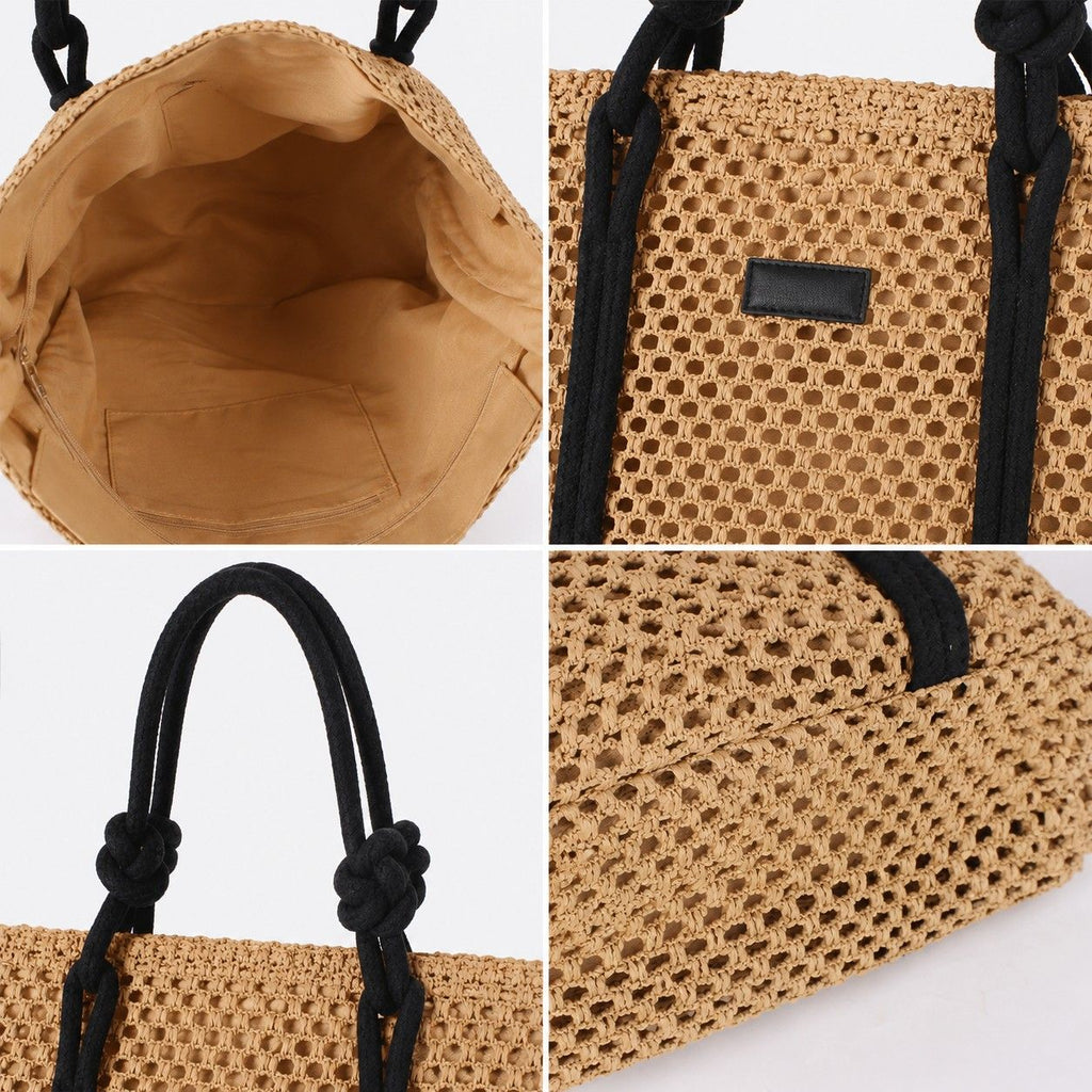 Woven Straw Beach Tote Bag Large Capacity Summer Shoulder Carryall with Contrast Straps