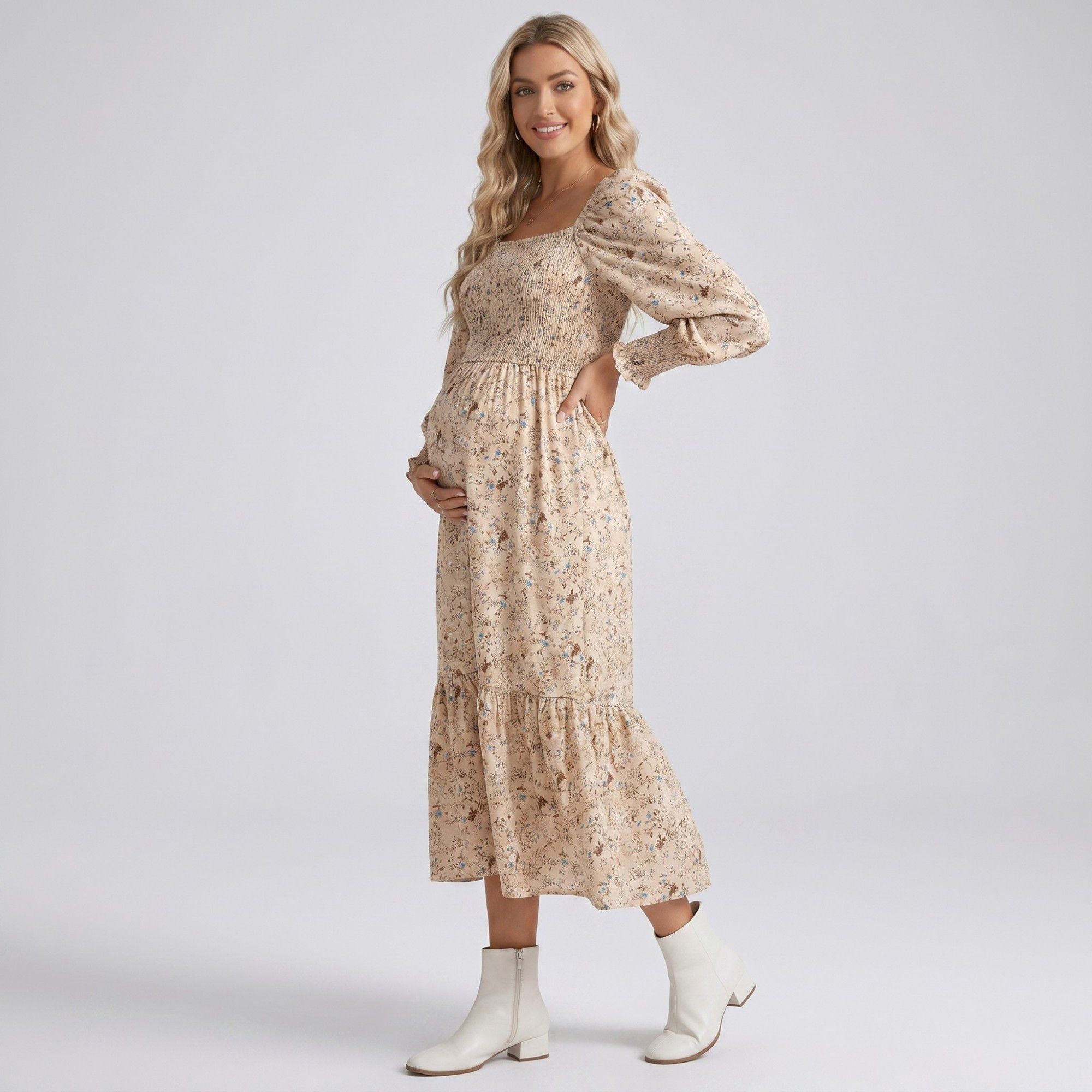 Anna-Kaci Women's Maternity Floral Square Neck Midi Dress with Long Sleeves and Smocked Bodice