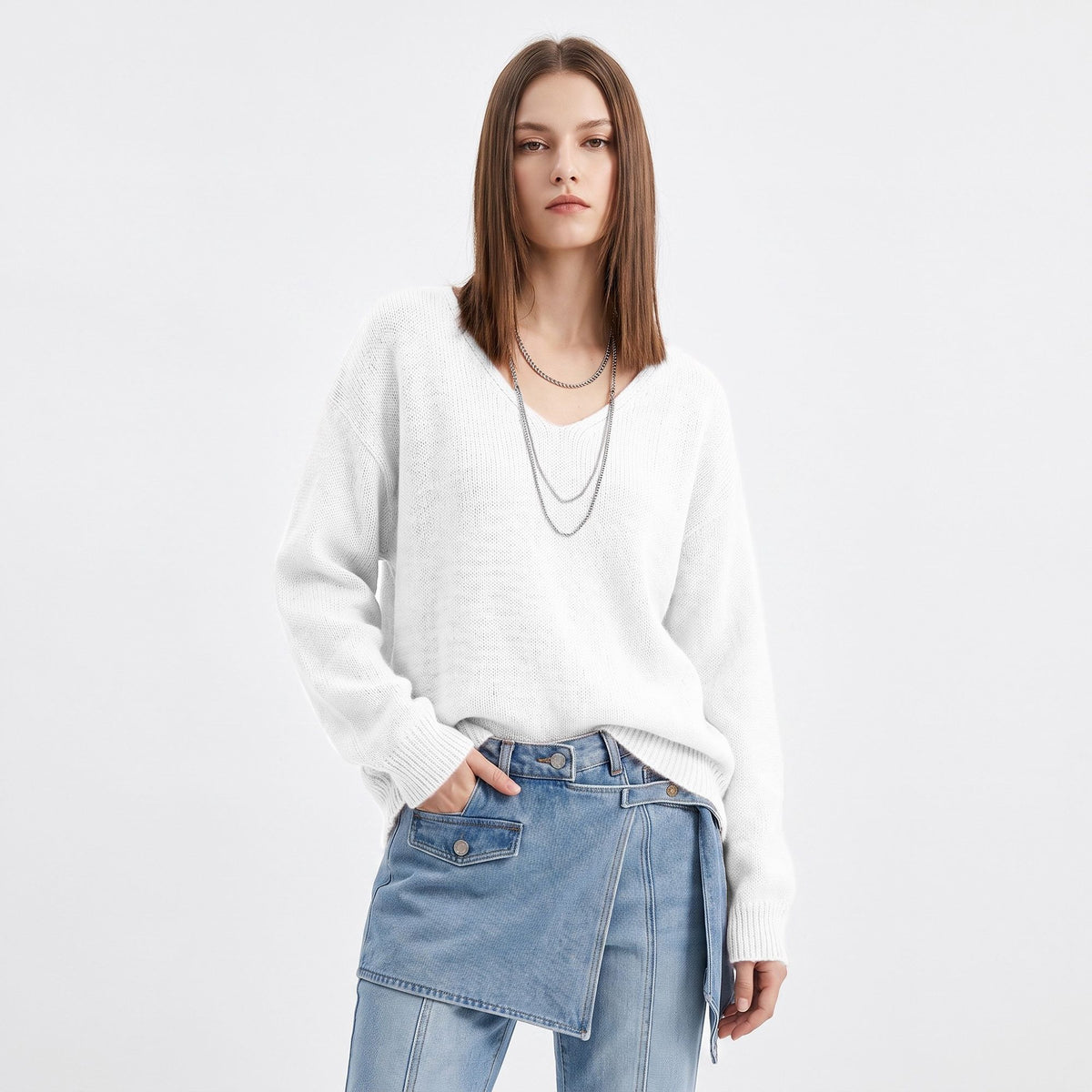 Oversized V Neck Longline Knit Pullover Sweater