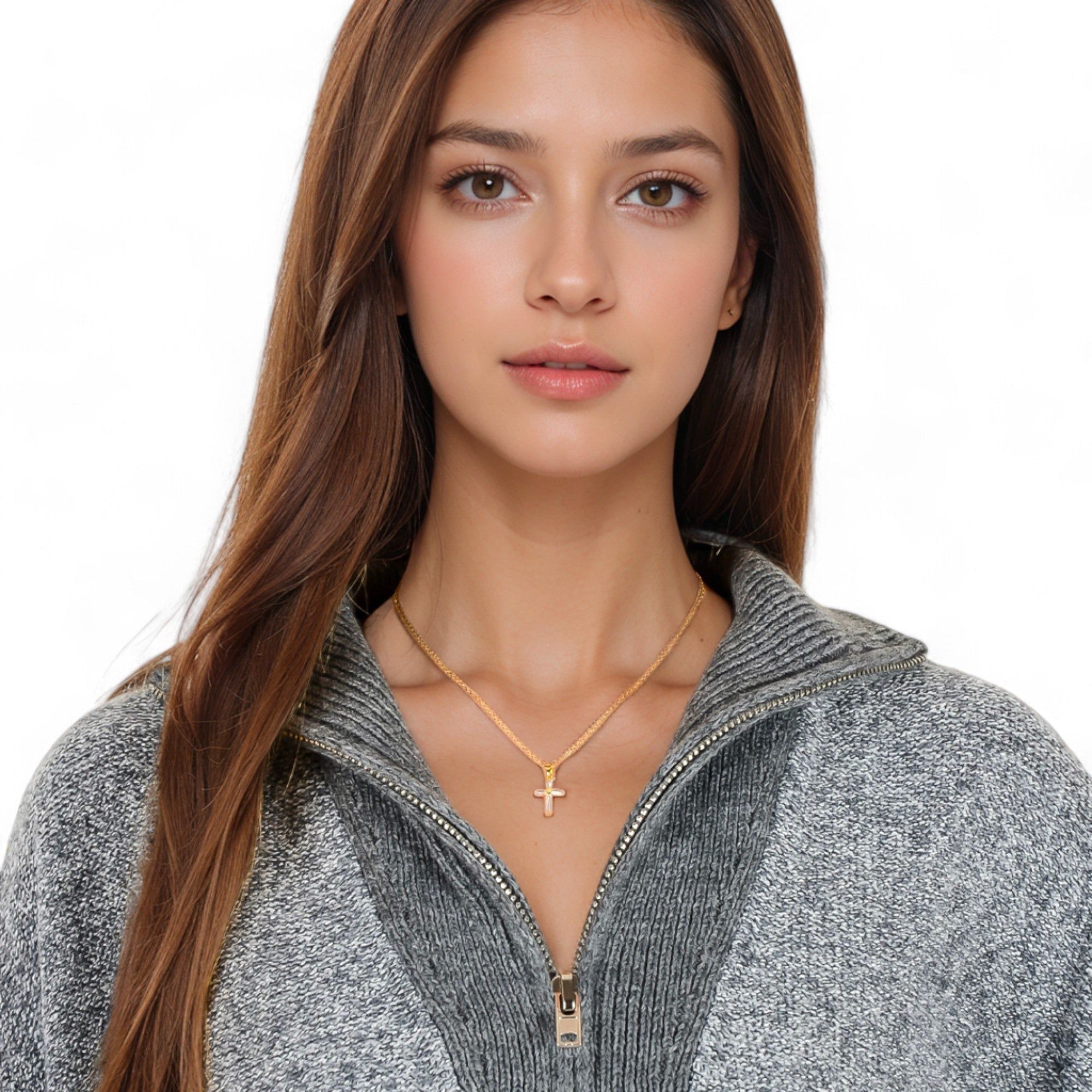 Women's Gold Tone Cross Pendant Fashion Necklace with Crystal Accents and Chain
