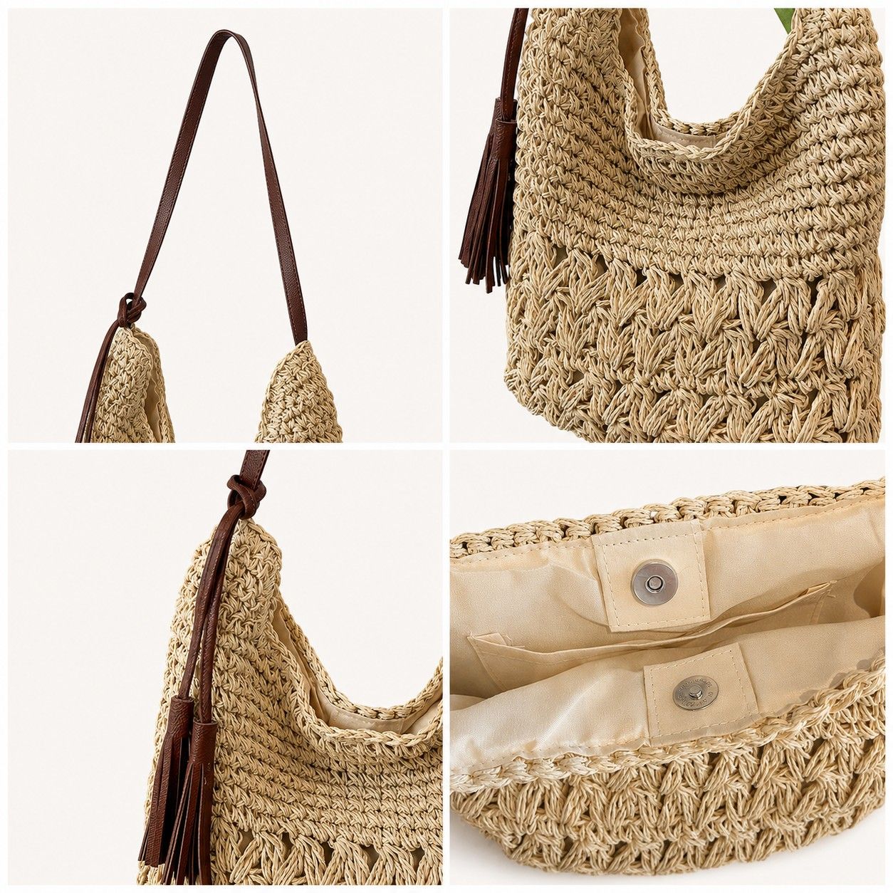 Woven Hobo Shoulder Bag with Magnetic Closure and Slouchy Straw Style Texture
