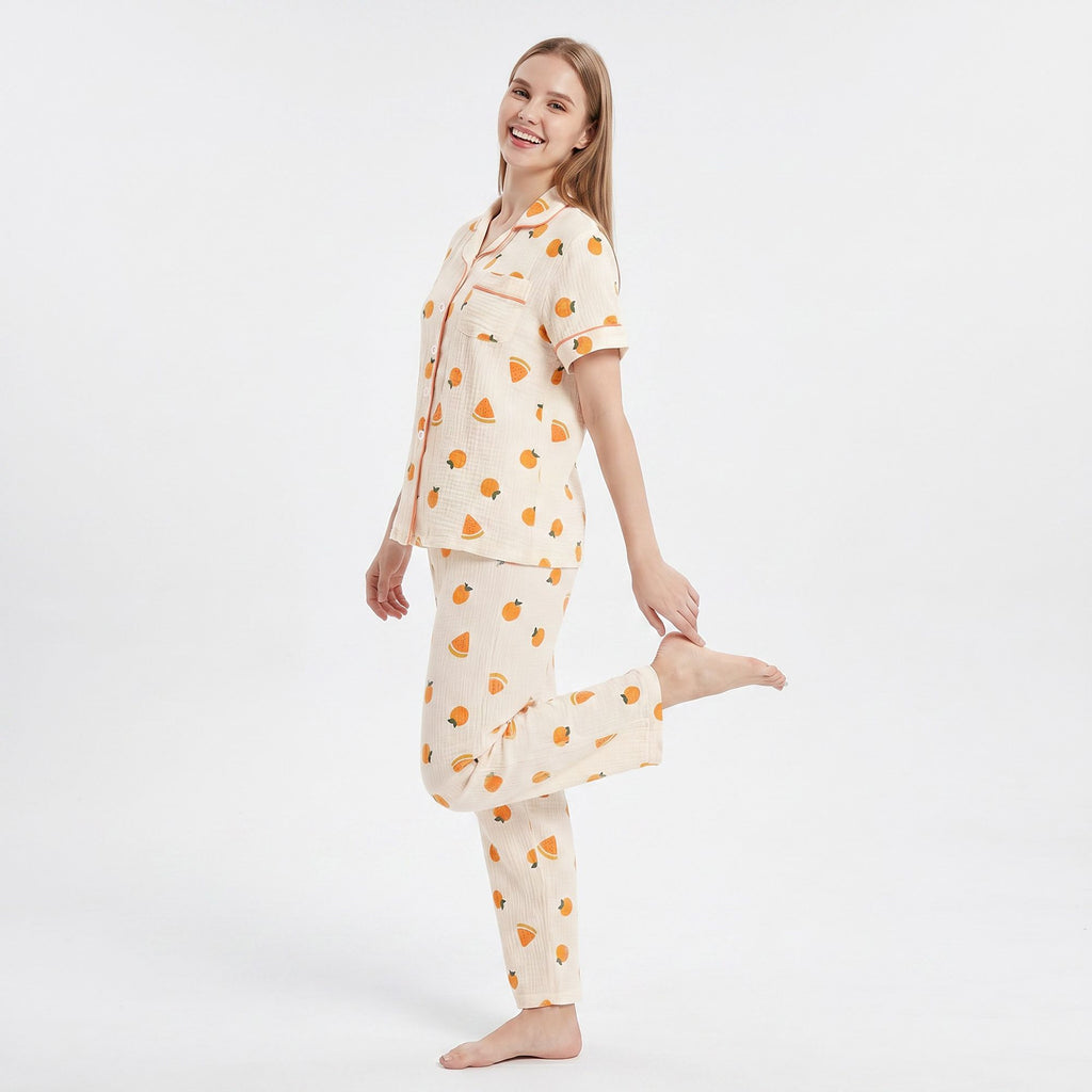 2-Piece Set Fruit Print Button Front Pajama Top and Relaxed Pants Sleepwear