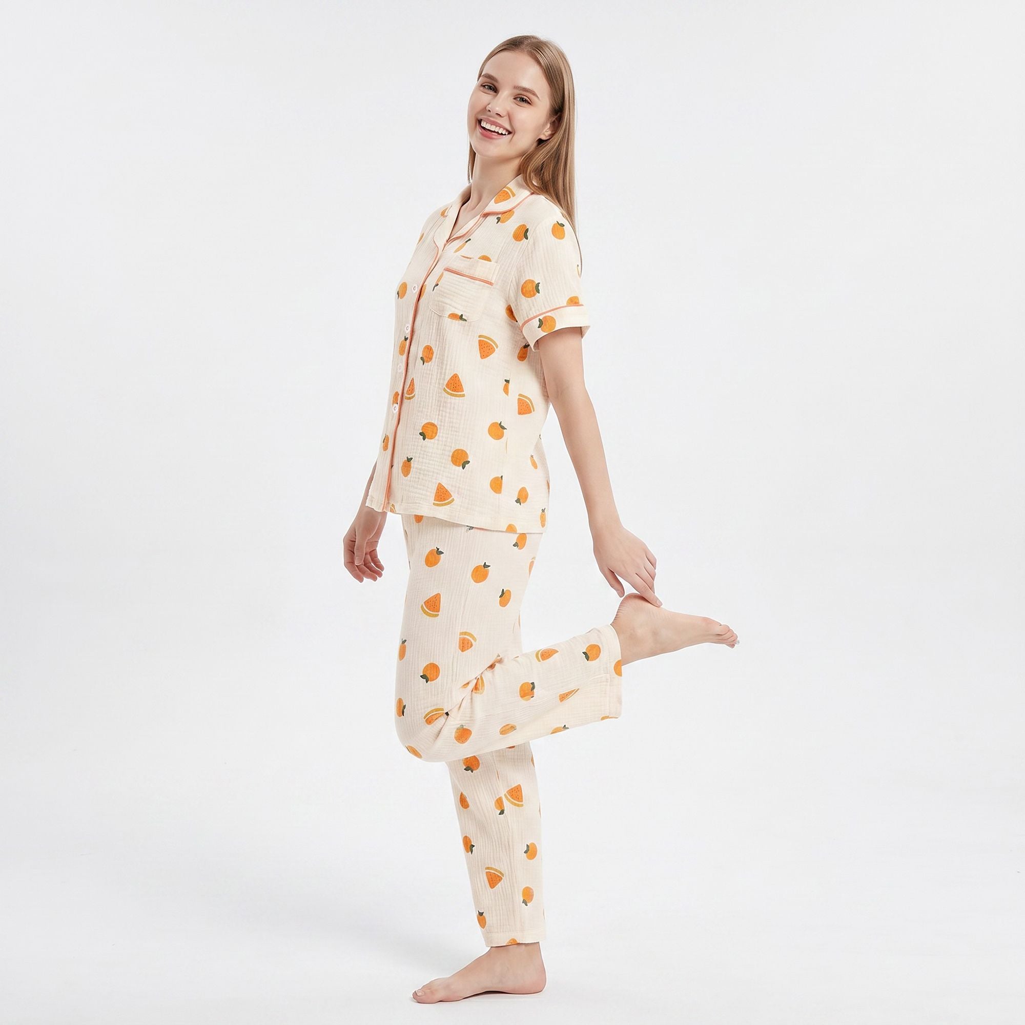 2-Piece Set Fruit Print Button Front Pajama Top and Relaxed Pants Sleepwear