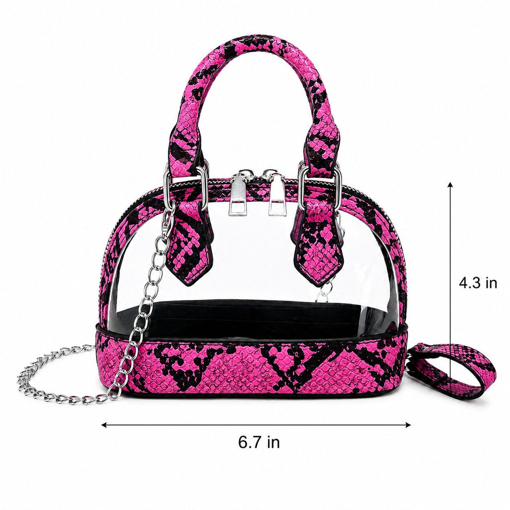 Clear PVC Mini Crossbody Satchel Bag with Print Trim and Chain Strap