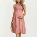 Maternity Smocked Tiered Midi Dress with Cap Sleeves and Round Neck