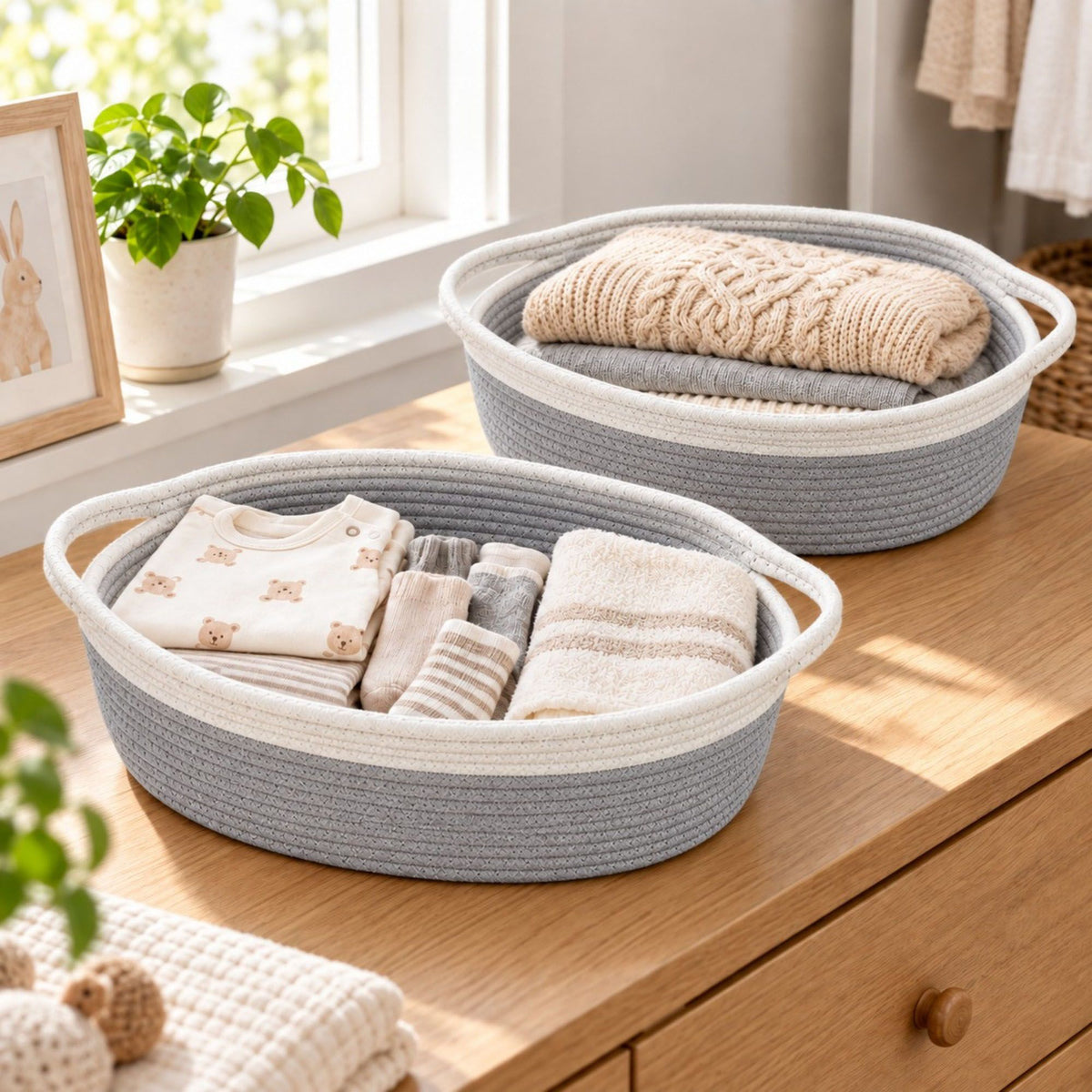 Round Woven Cotton Cord Storage Basket Set of 2