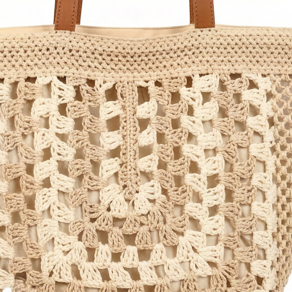 Woven Crochet Tote Bag with Openwork Panel Design Leather Shoulder Strap Lightweight Knit Handbag