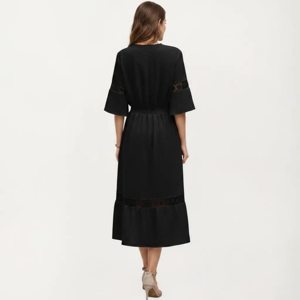 Anna-Kaci Women's V Neck Midi Dress with Lace Trim Paneling and Short Wide Sleeves Flowing Silhouette
