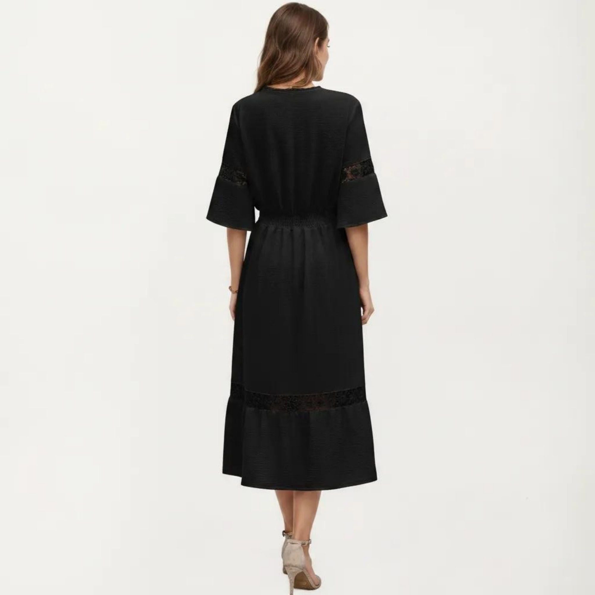 Anna-Kaci Women's V Neck Midi Dress with Lace Trim Paneling and Short Wide Sleeves Flowing Silhouette