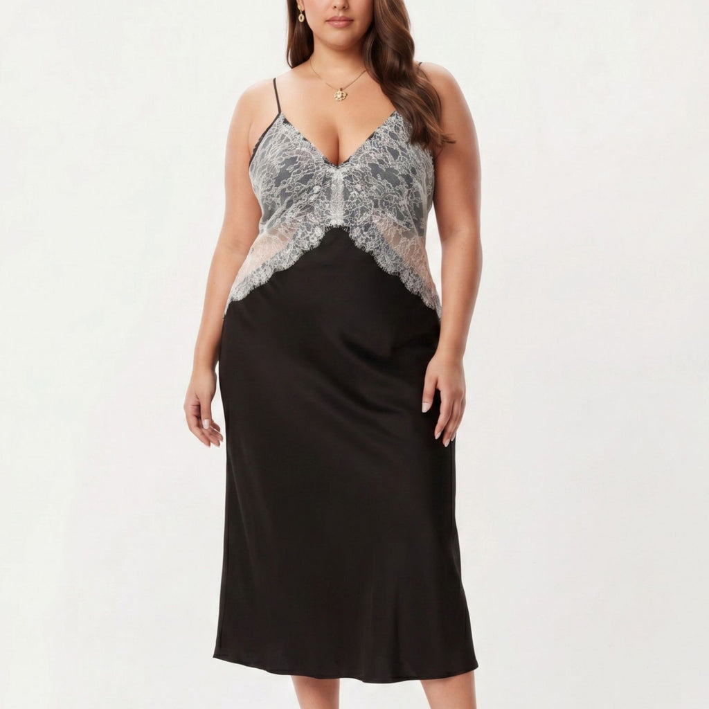 Anna-Kaci Lounge Women's Plus Size Long Satin Chemise Lace Panel Nightgown Adjustable Strap Slip Sleep Dress
