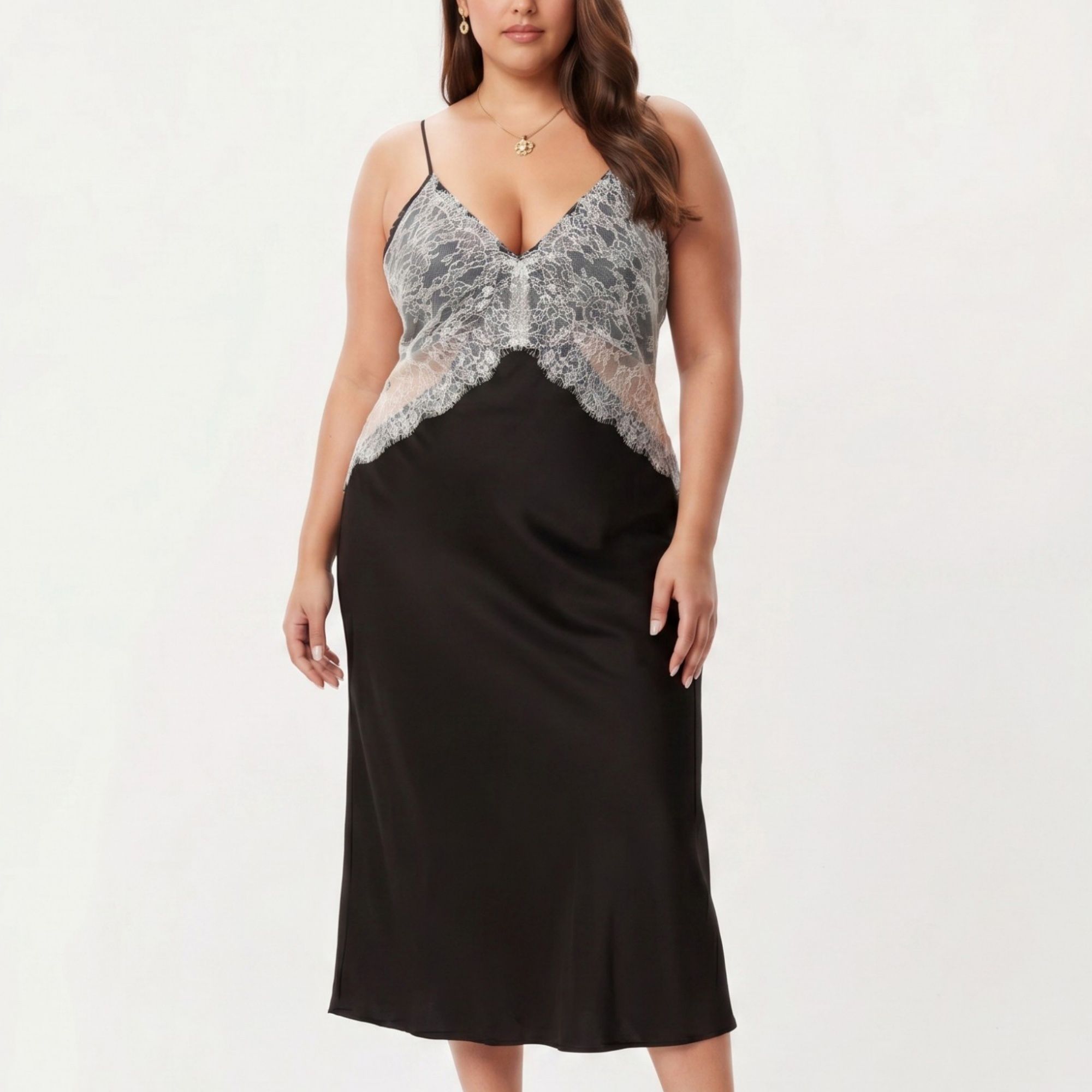 Anna-Kaci Lounge Women's Plus Size Long Satin Chemise Lace Panel Nightgown Adjustable Strap Slip Sleep Dress
