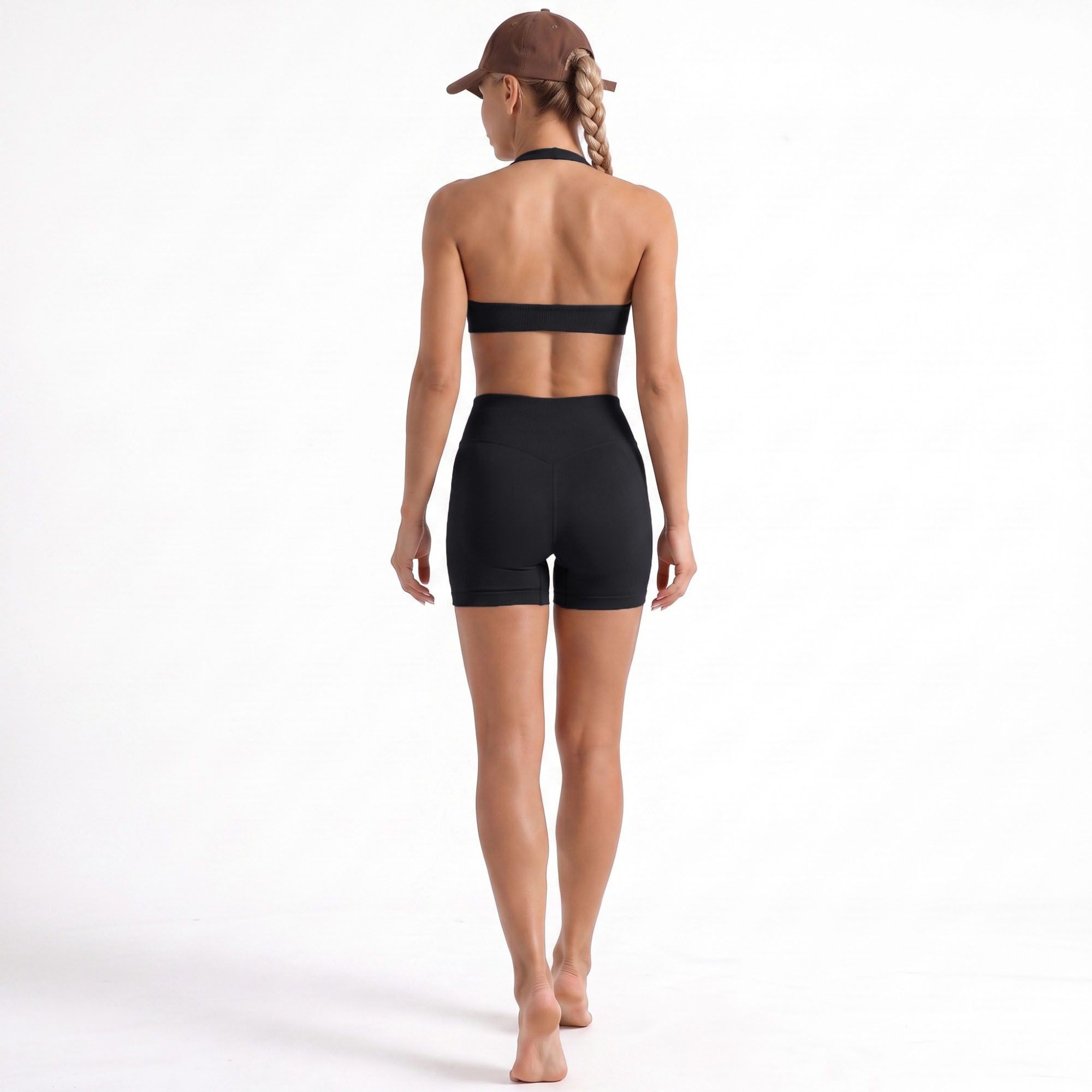 Seamless Halter Sports Bra with Ribbed Underband Open Back Workout Top for Athleisure