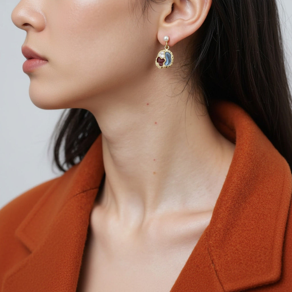 Abstract Enamel Drop Earrings with Textured Metal Frame and Pearl Accent for a Modern Artistic Feminine Statement Accessory