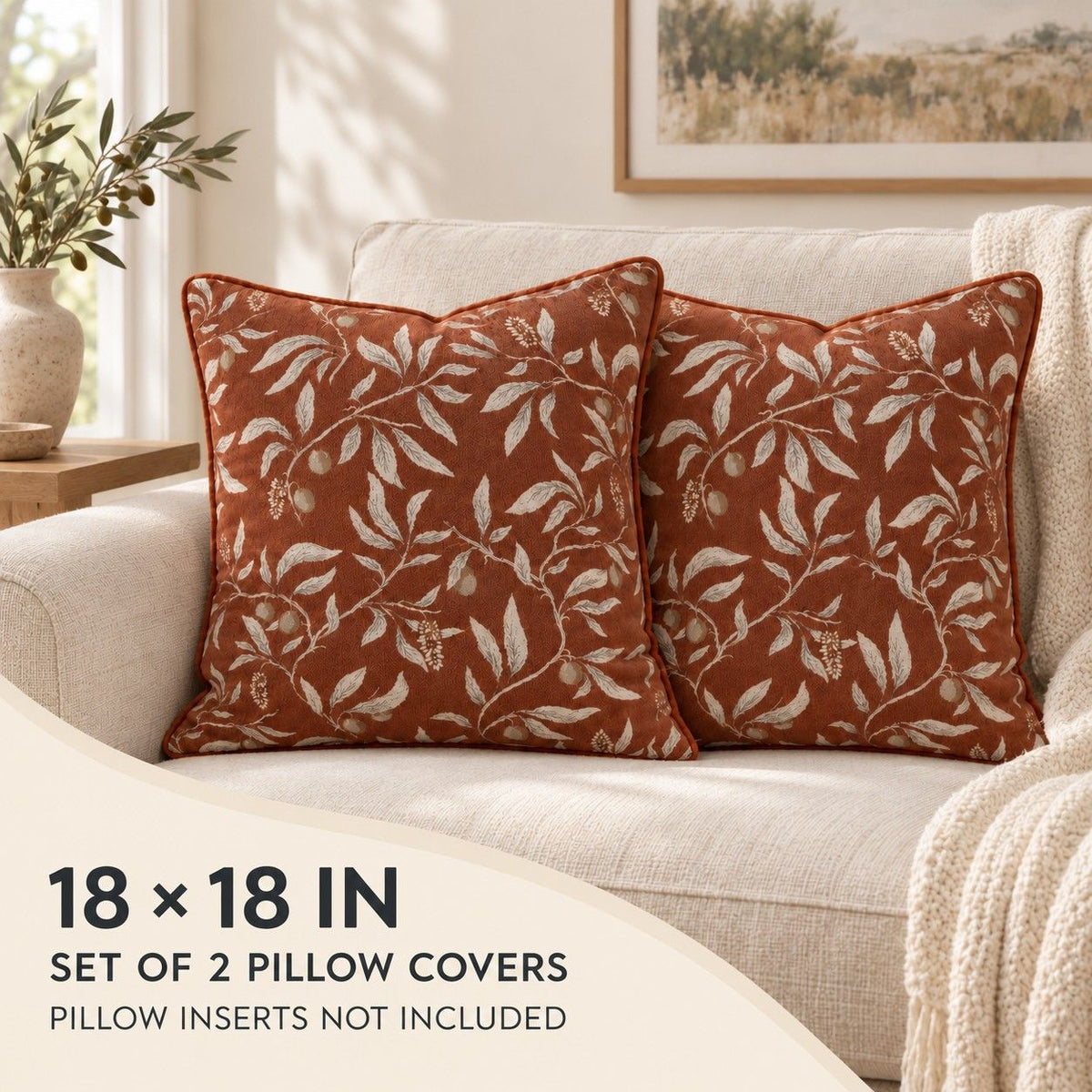 2 Pack Botanical Leaf Velvet Throw Pillow Covers 18 x 18 Inch with Piped Edges