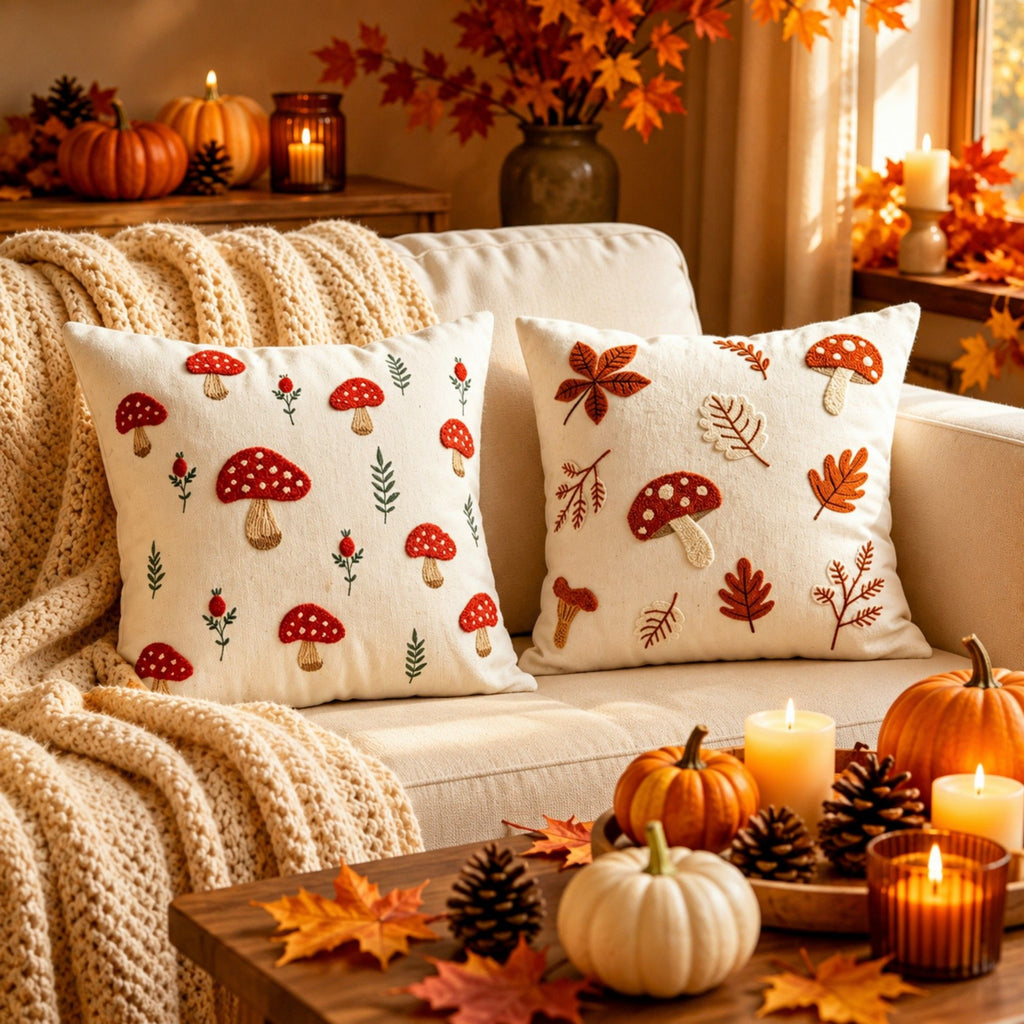 Mushroom Leaf Embroidered Throw Pillow Cover Square Decor