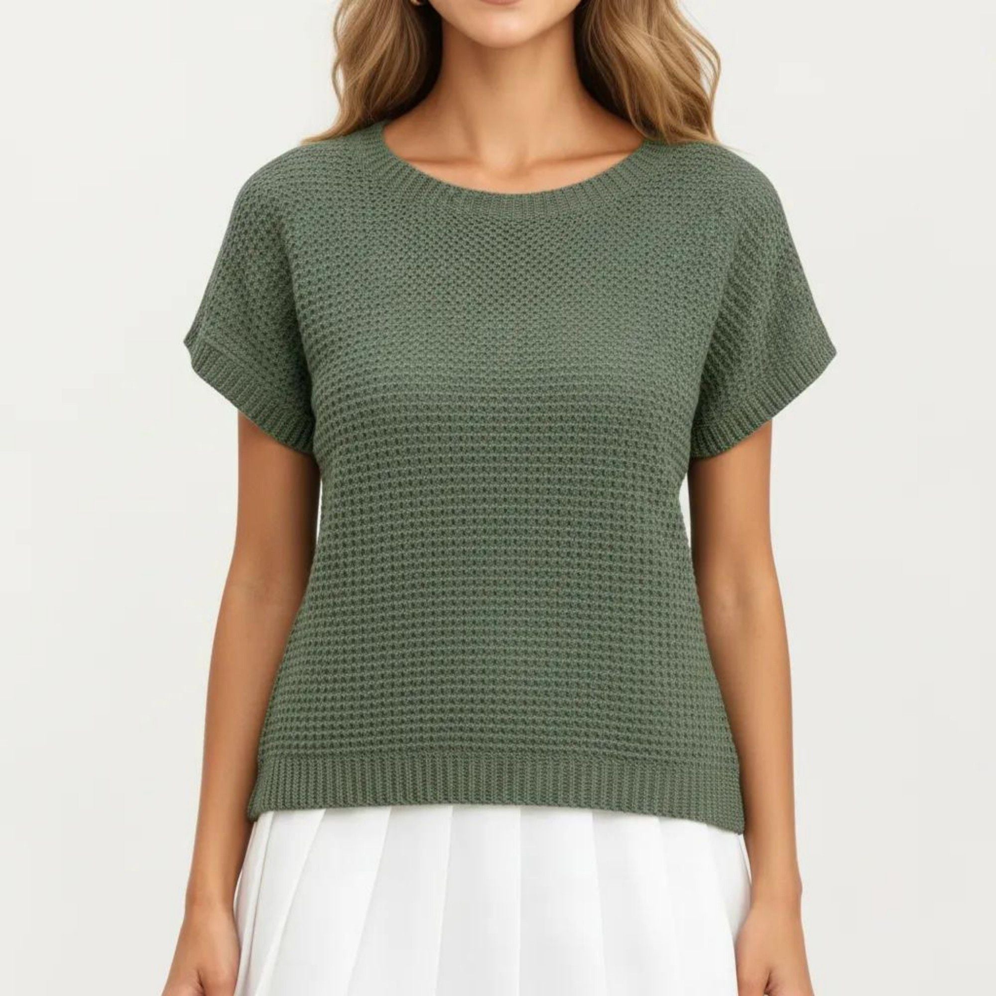 Anna-Kaci Women's Short Sleeve Textured Knit Top with Crew Neck Ribbed Trim and Relaxed Fit