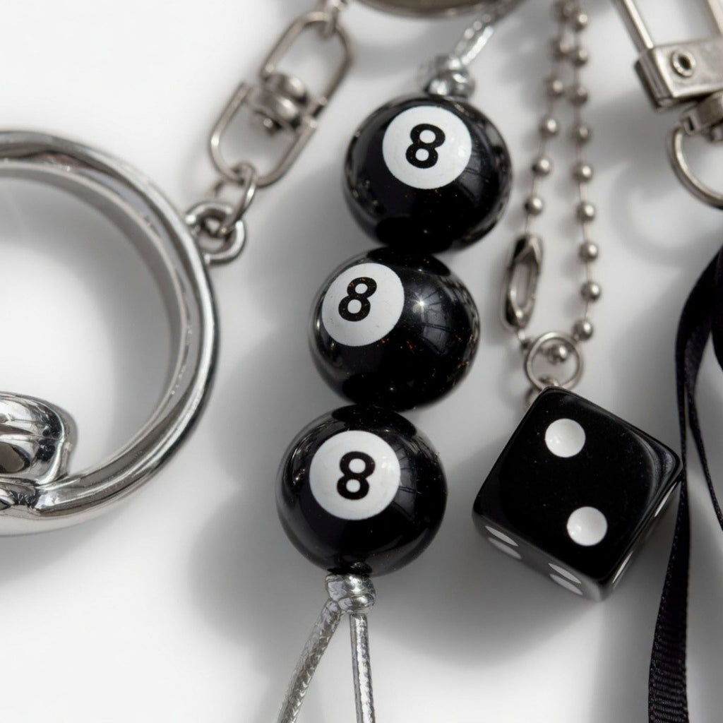 8 Ball Dice Charm Keychain with Headphone Pendant Ribbon Tassel Bag Charm Key Ring Accessory