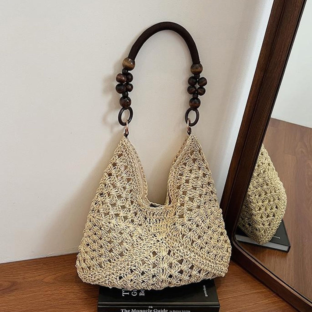 Woven Straw Hobo Bag with Wooden Handle Bead Accents and Spacious Interior