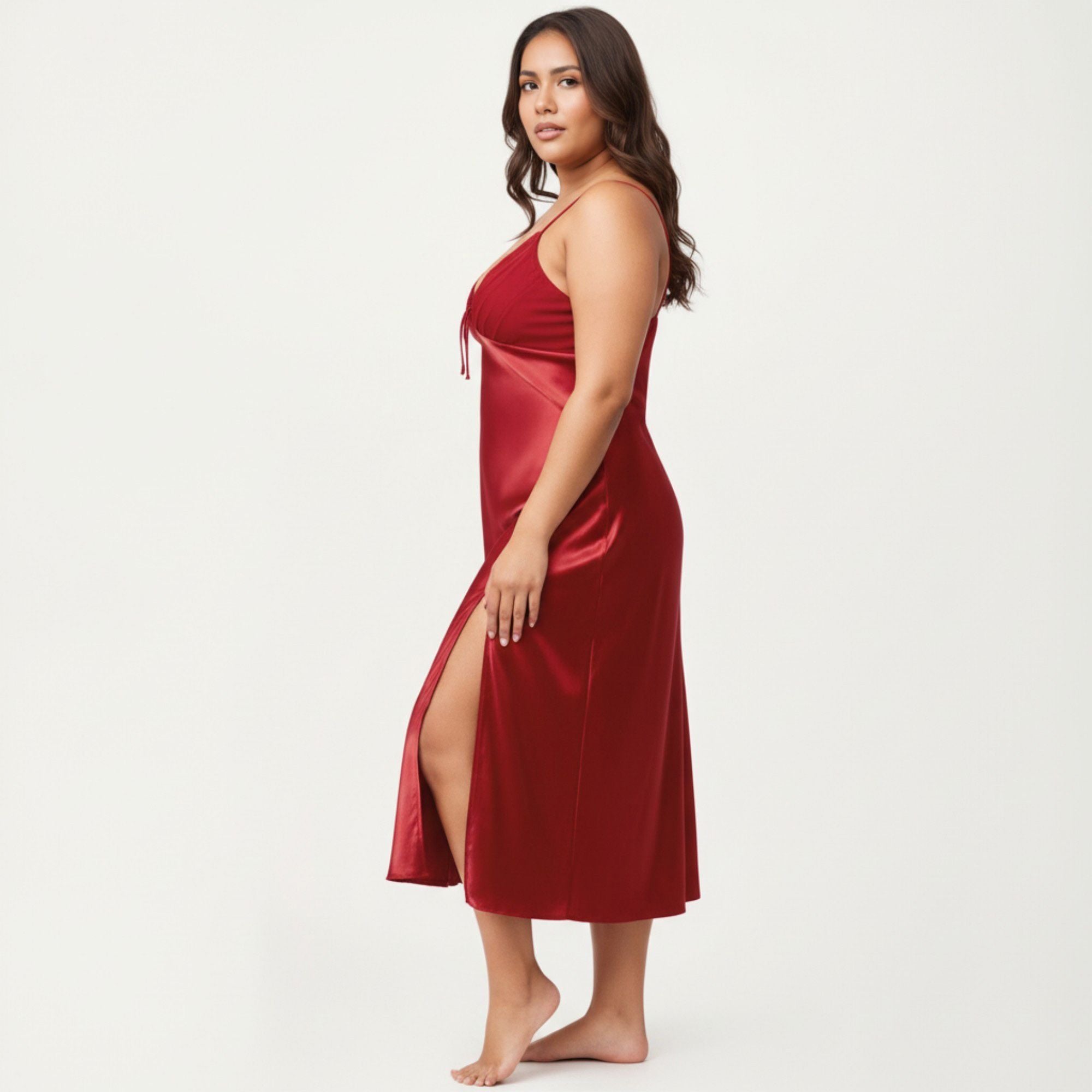 Anna-Kaci Lounge Women's Plus Size Satin Chemise Nightgown with Lace Trim Neckline Adjustable Straps Side Slit Slip Dress