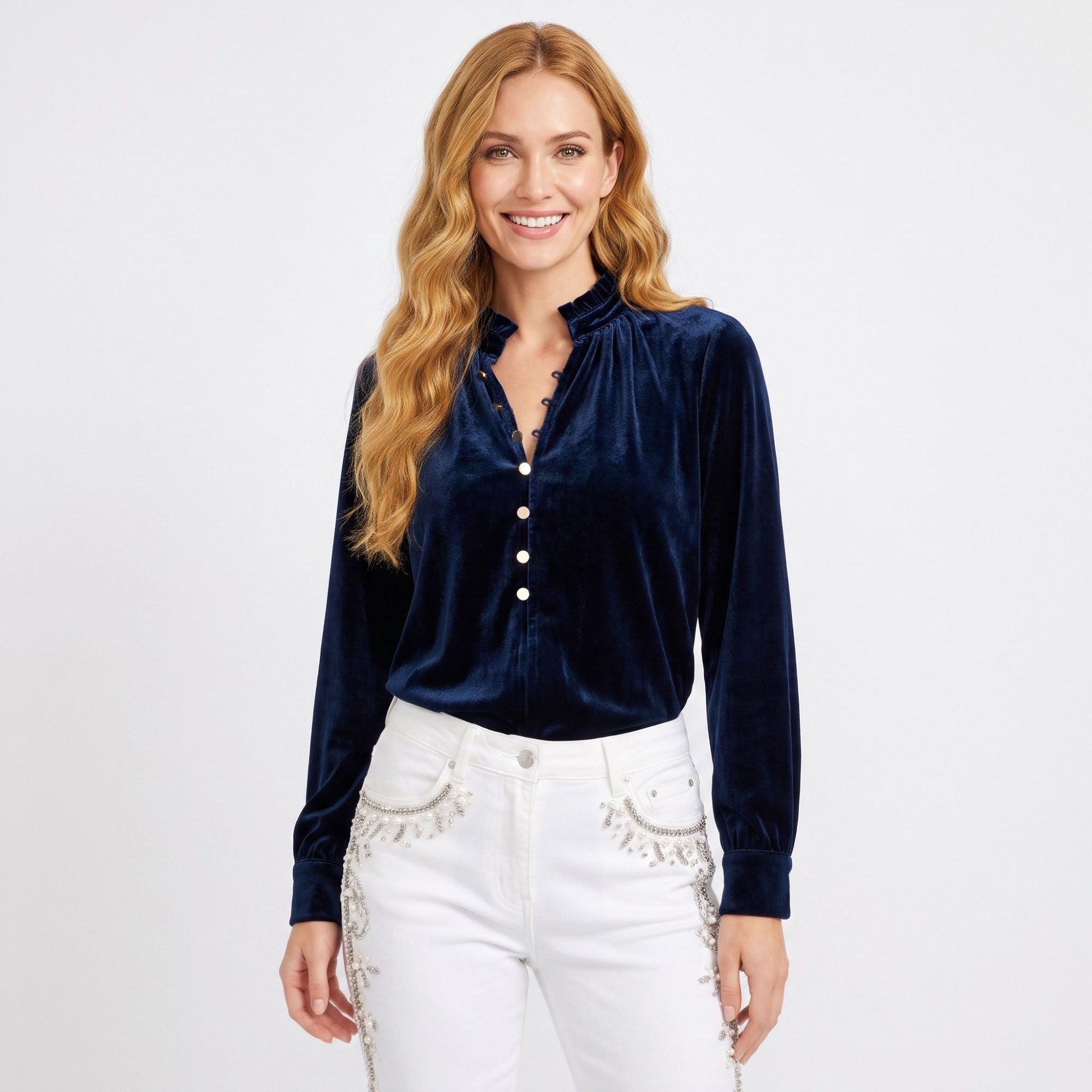 Velvet Ruffle Neck Button Front Long Sleeve Blouse