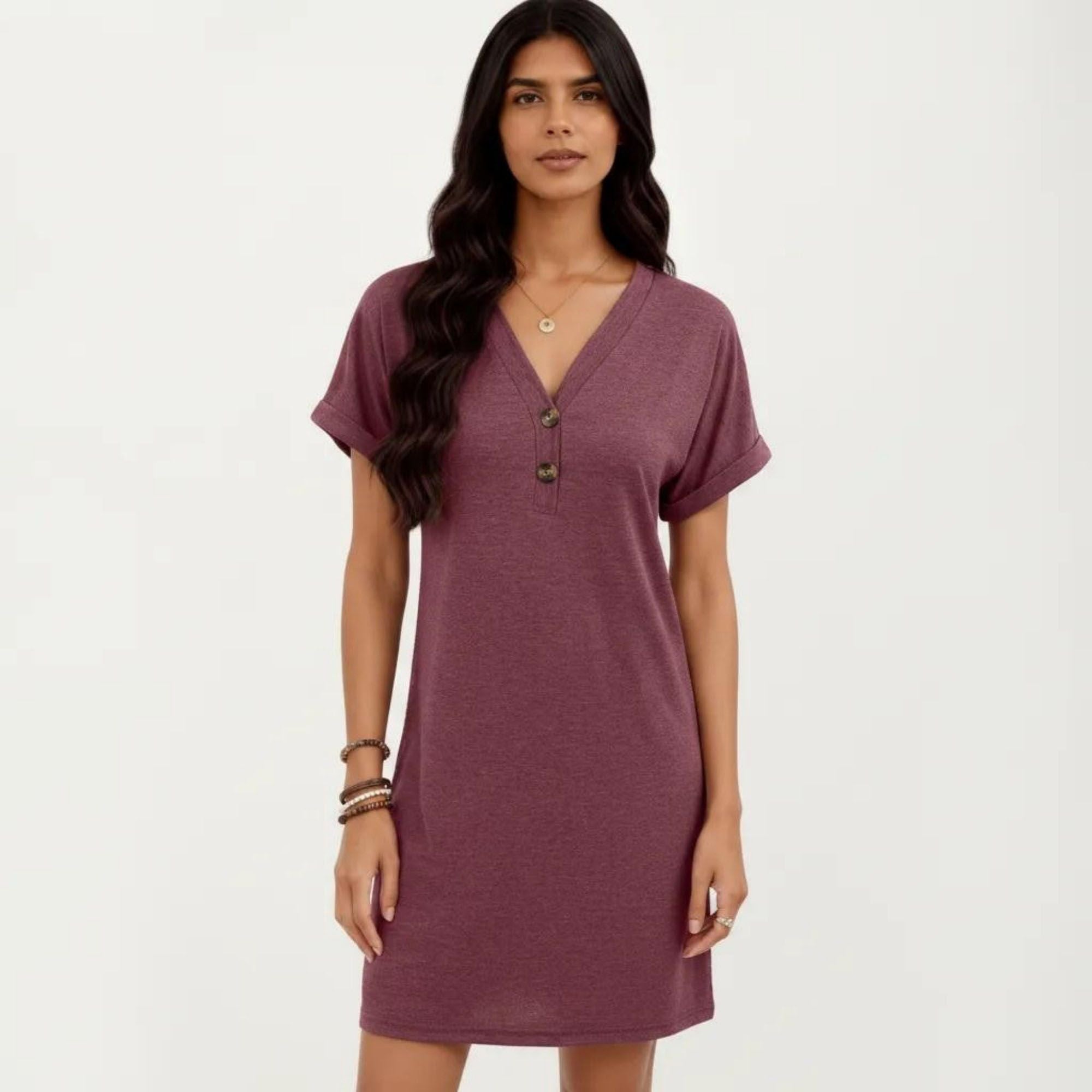 Anna-Kaci Women's Short Sleeve V Neck Shift Dress with Button Detail Relaxed Fit Casual Tunic Dress