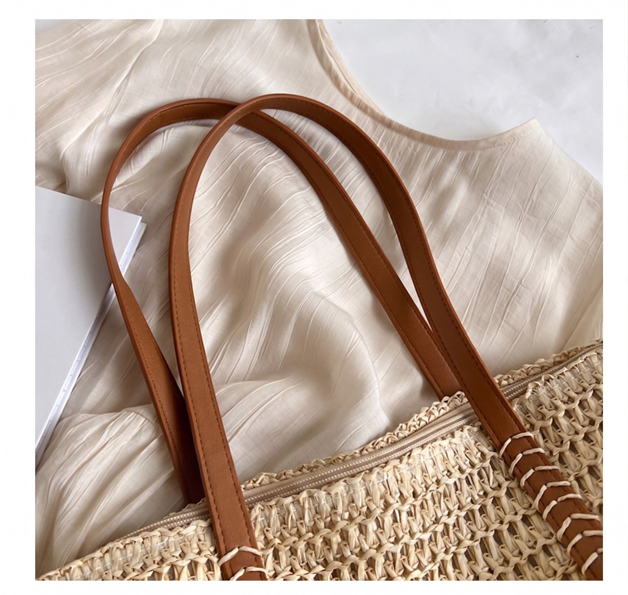 Woven Straw Tote Bag with Leather Shoulder Straps Lightweight Crochet Knit Large Capacity Bag