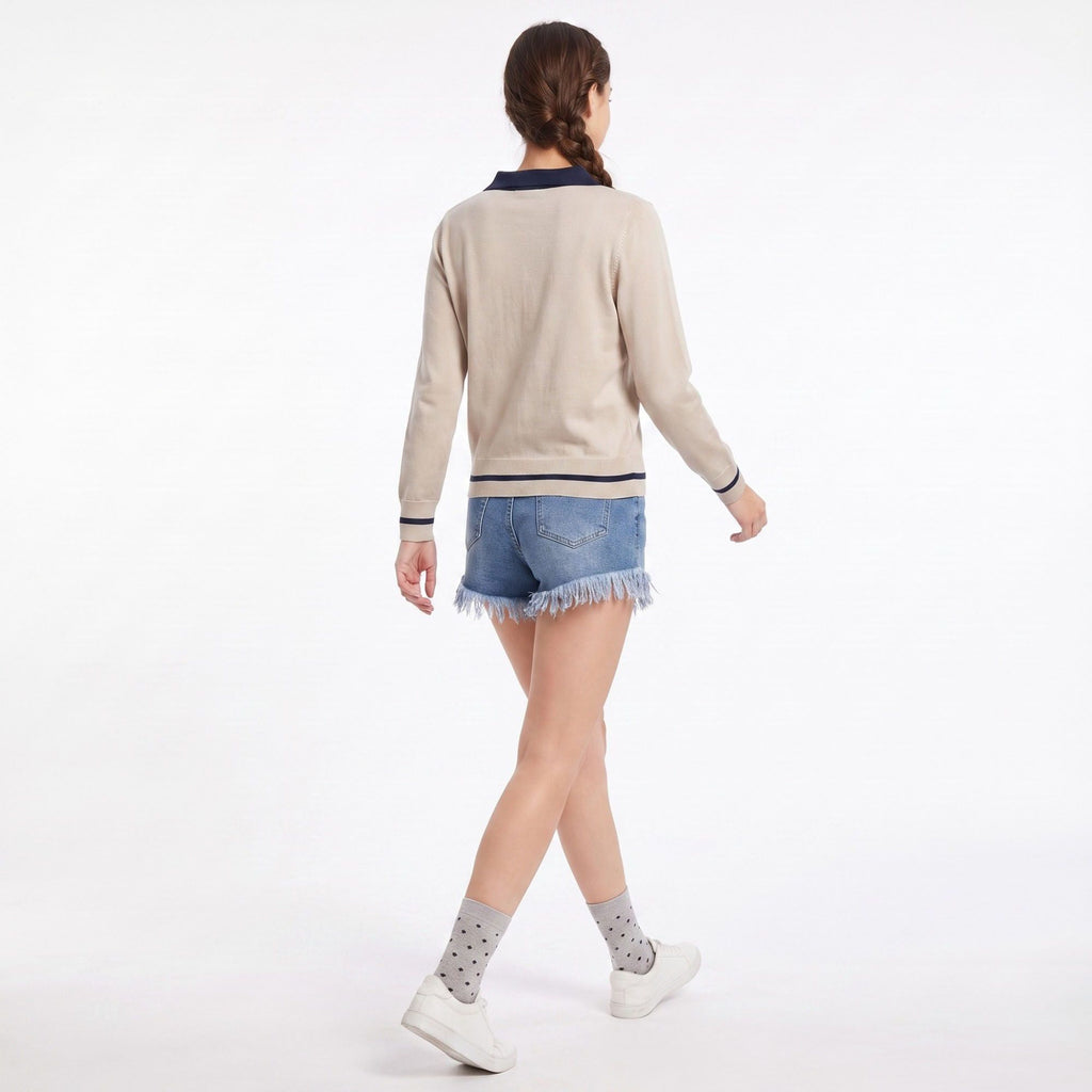 Contrast Collar Button Placket Long Sleeve Knit Sweater