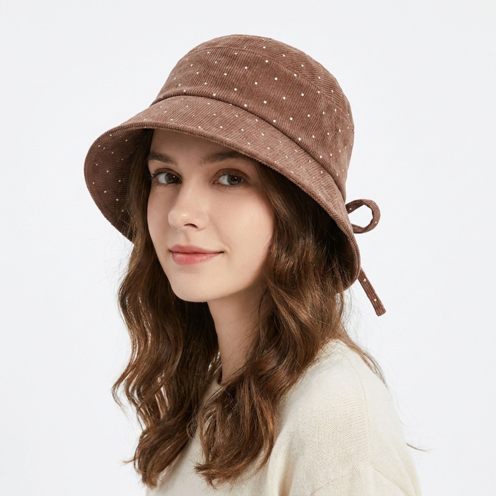 Polka Dot Corduroy Bucket Hat Wide Brim Tie Back Sun Hat