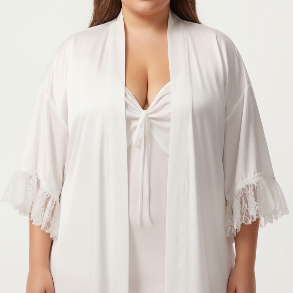 Anna-Kaci Lounge Women's Plus Size Long Sheer Lace Panel Robe Open Front Lightweight Sleepwear