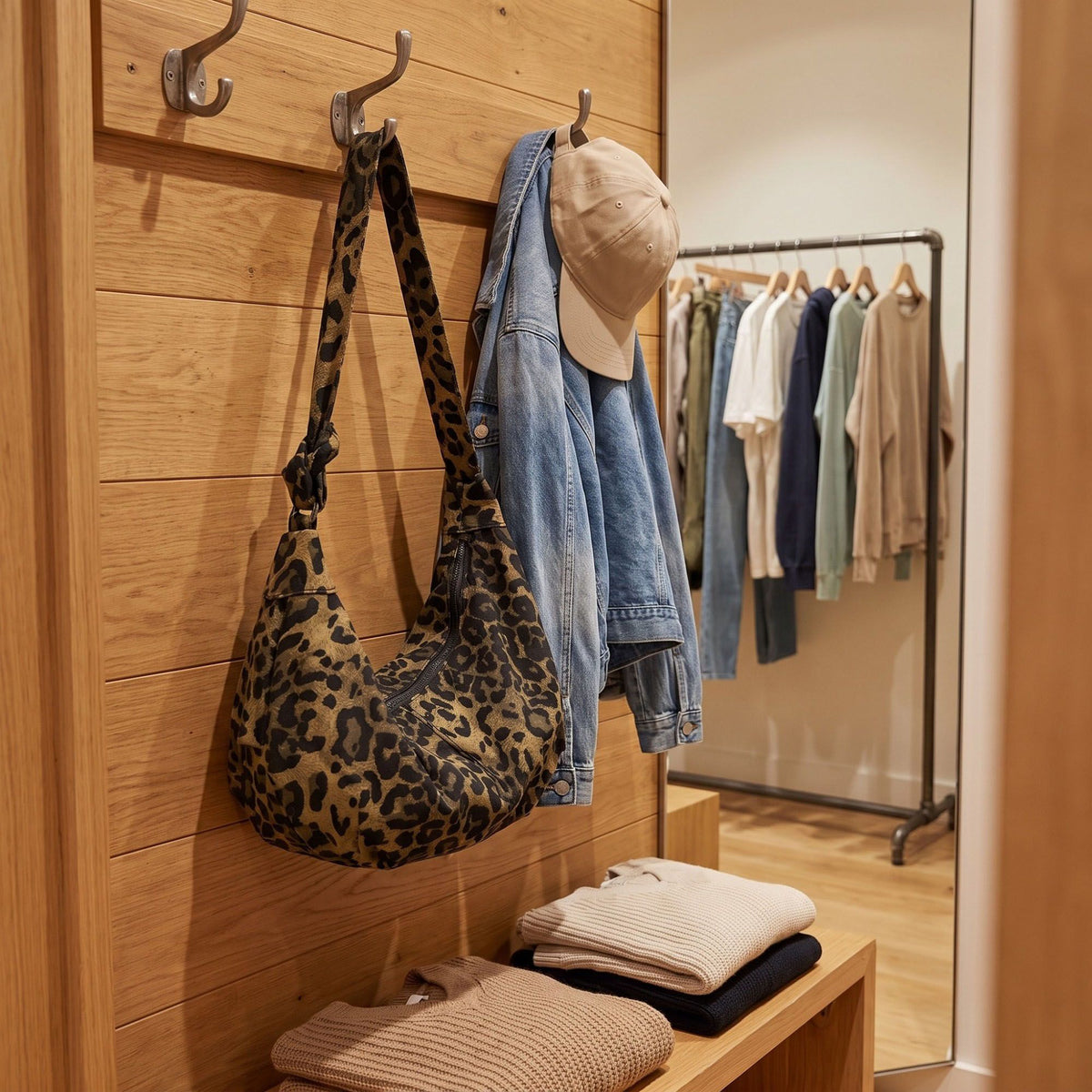 Leopard Print Shoulder Bag with Knotted Strap and Zipper Closure