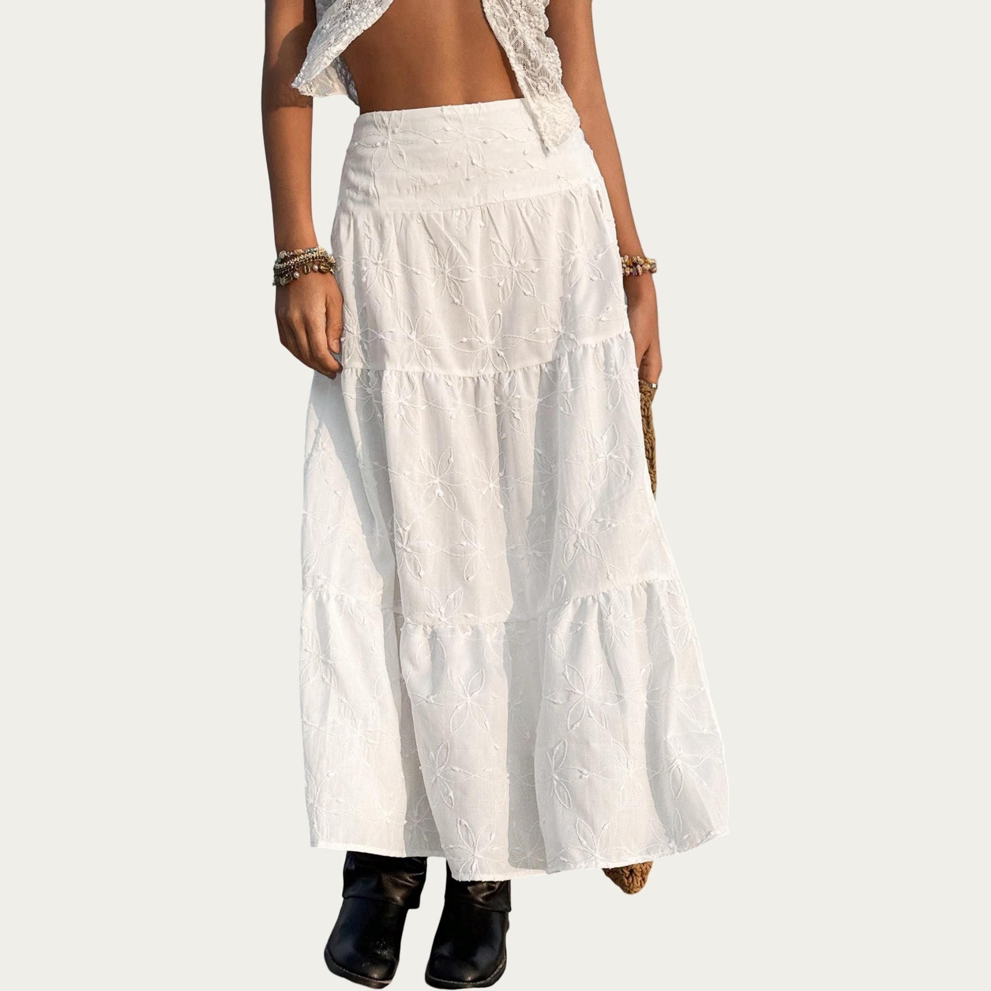 Anna-Kaci Women's Embroidered Floral Tiered Maxi Skirt with Side Slit