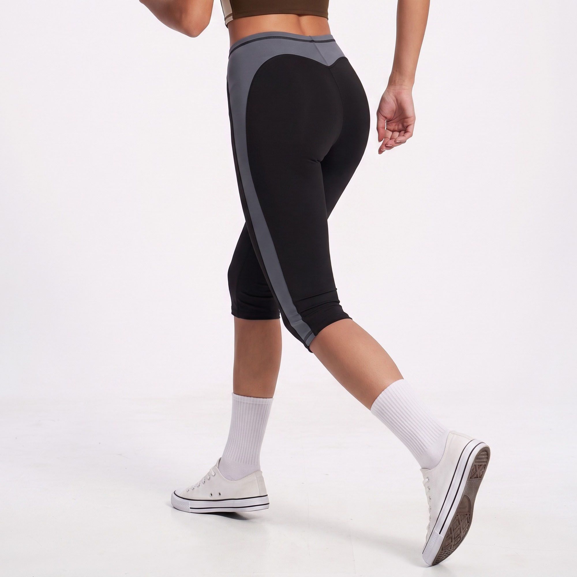 Colorblock High Waist Capri Leggings Fitted Cropped Yoga Pants for Running Gym Training