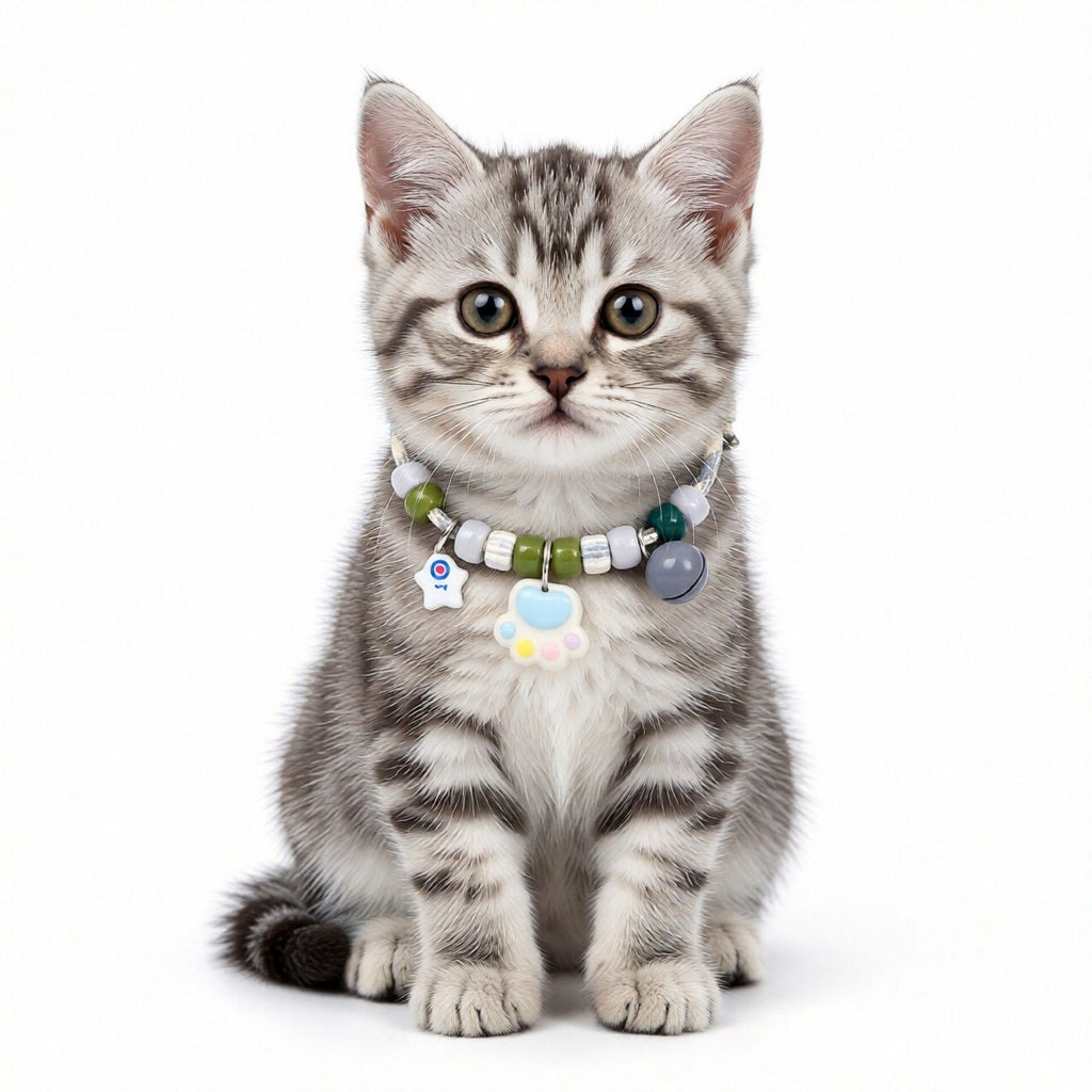 Adjustable Pet Collar with Bell Paw Charm Beaded Necklace Colorful Decorative Collar for Cats and Small Dogs