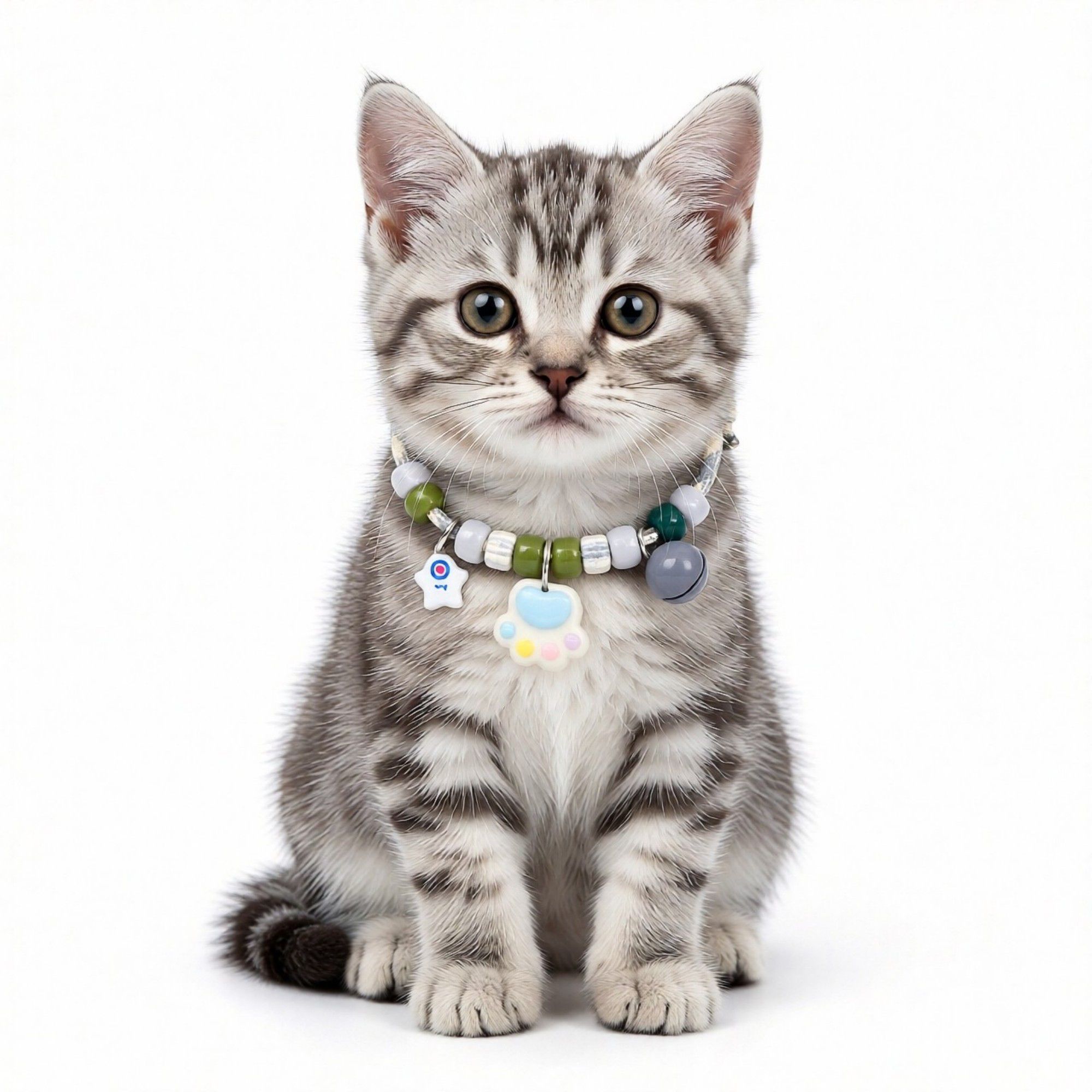Adjustable Pet Collar with Bell Paw Charm Beaded Necklace Colorful Decorative Collar for Cats and Small Dogs