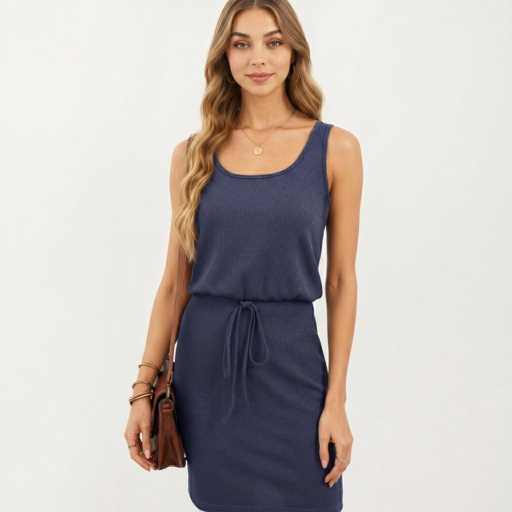 Anna-Kaci Women's Sleeveless Tank Dress with Scoop Neck Adjustable Drawstring Waist Fitted Casual Mini Dress