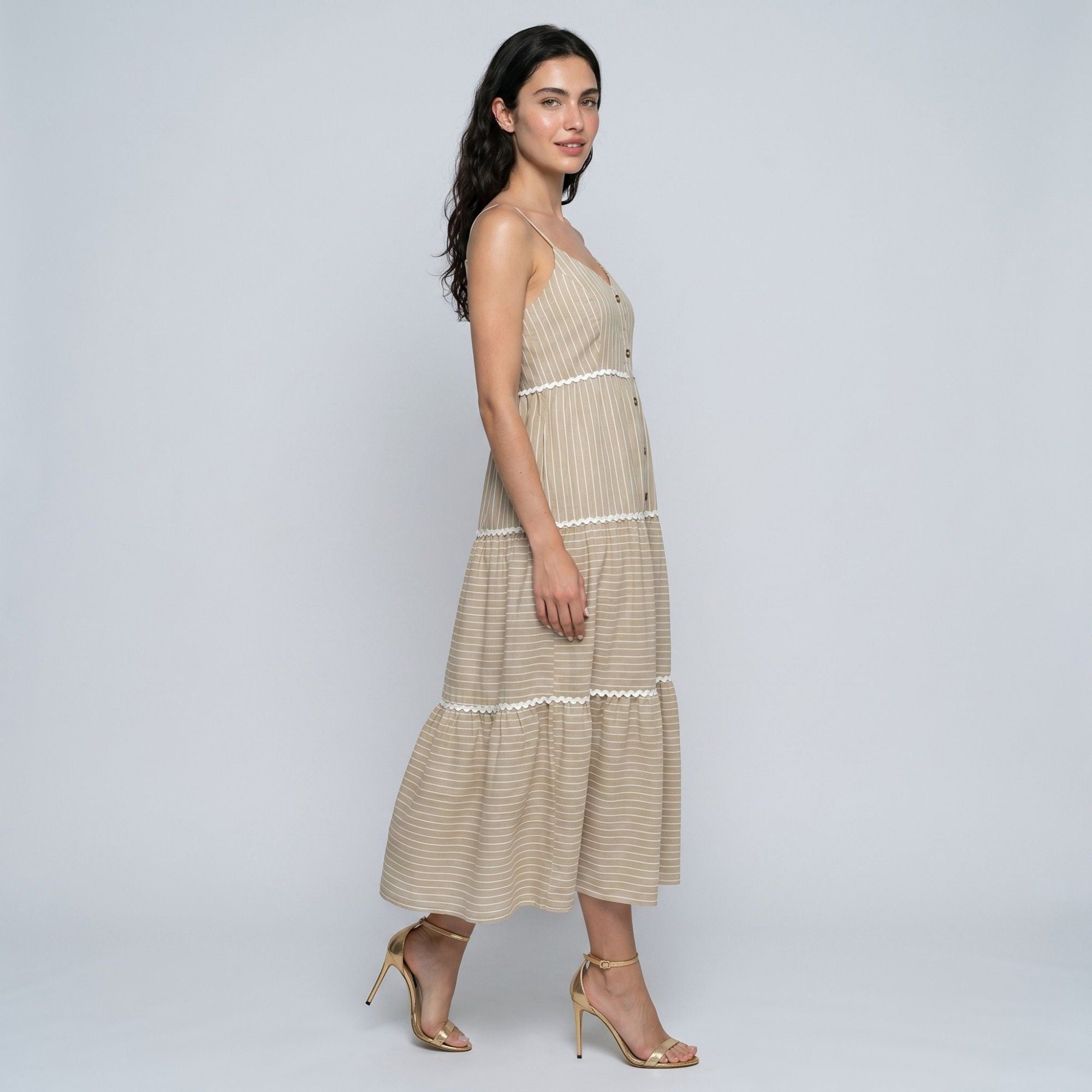 Striped Spaghetti Strap Button Front Midi Dress with Rickrack Trim Tiered Skirt and Flowy A Line Silhouette
