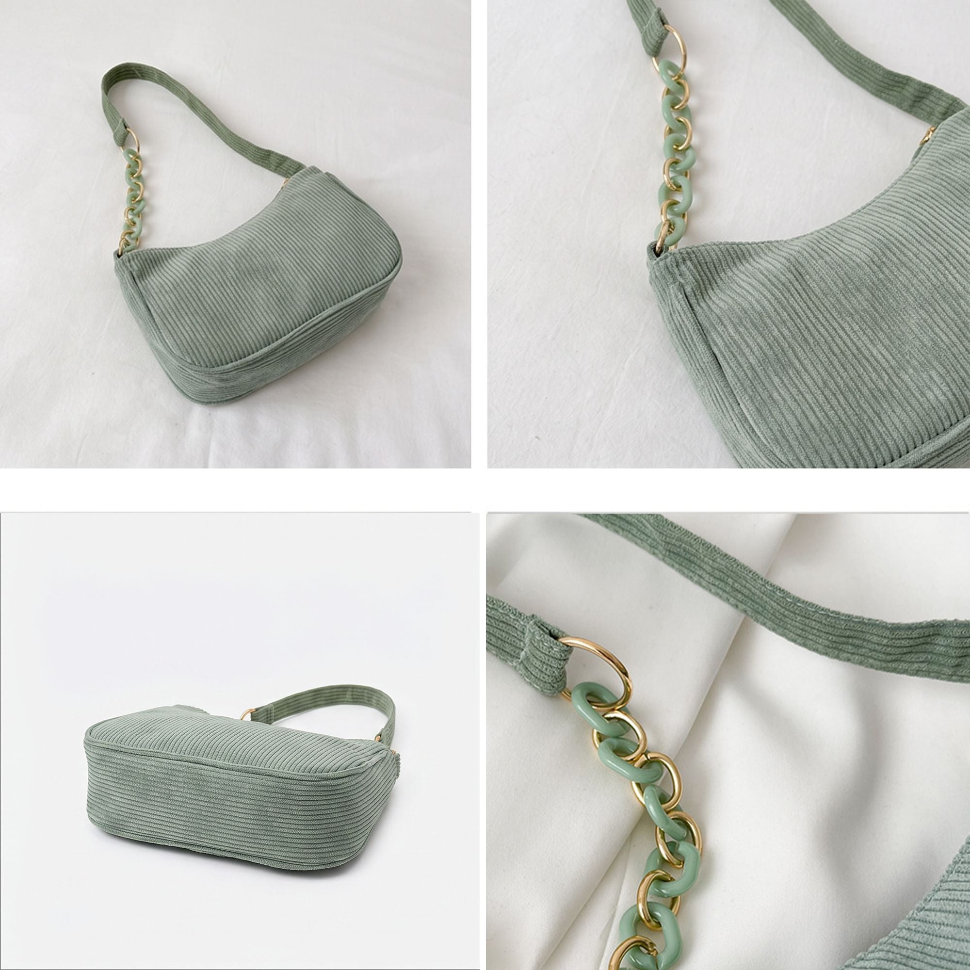 Small Corduroy Shoulder Bag with Mixed Chain Strap and Zip Closure