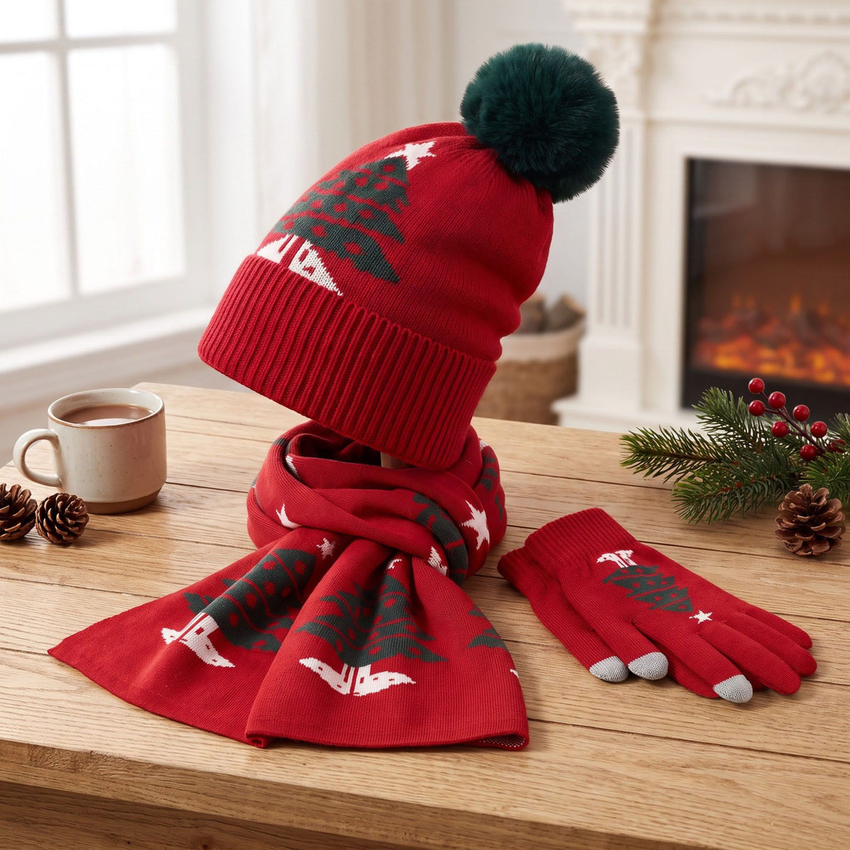3 Piece Christmas Tree Beanie Scarf and Touchscreen Gloves Set