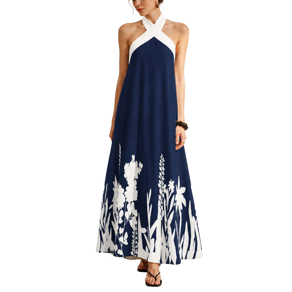 Halter Neck Maxi Dress with Crisscross Straps Open Back Tie Waist Botanical Border Print and A Line Skirt