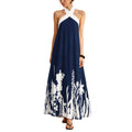 Halter Neck Maxi Dress with Crisscross Straps Open Back Tie Waist Botanical Border Print and A Line Skirt