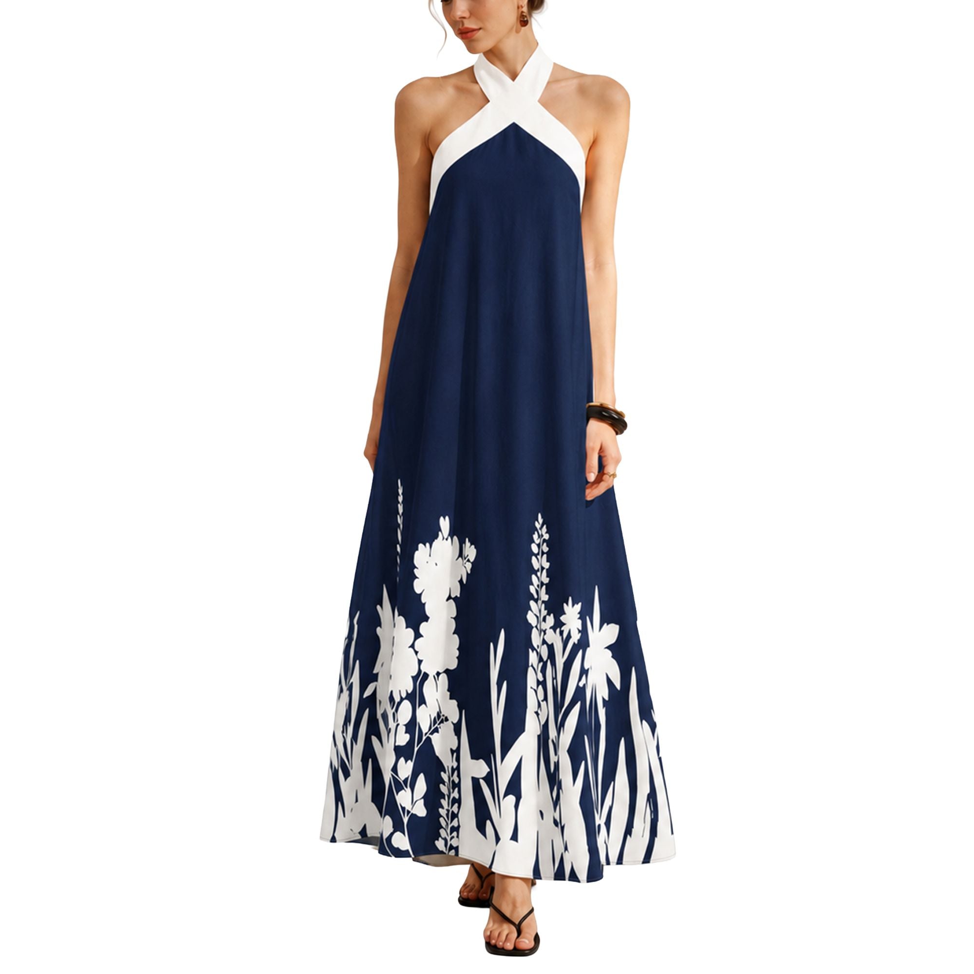 Halter Neck Maxi Dress with Crisscross Straps Open Back Tie Waist Botanical Border Print and A Line Skirt