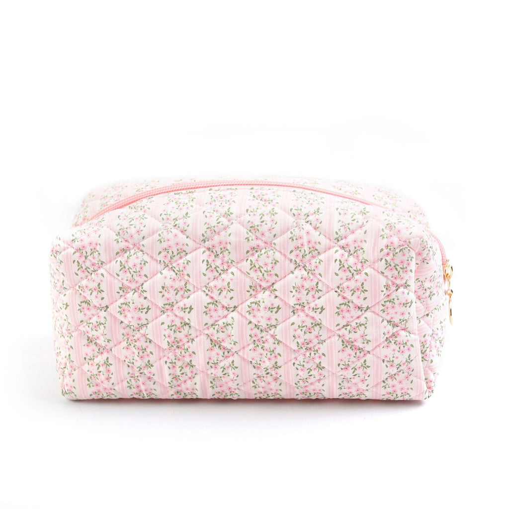 Floral Quilted Makeup Bag Travel Cosmetic Toiletry Pouch with Zipper Closure